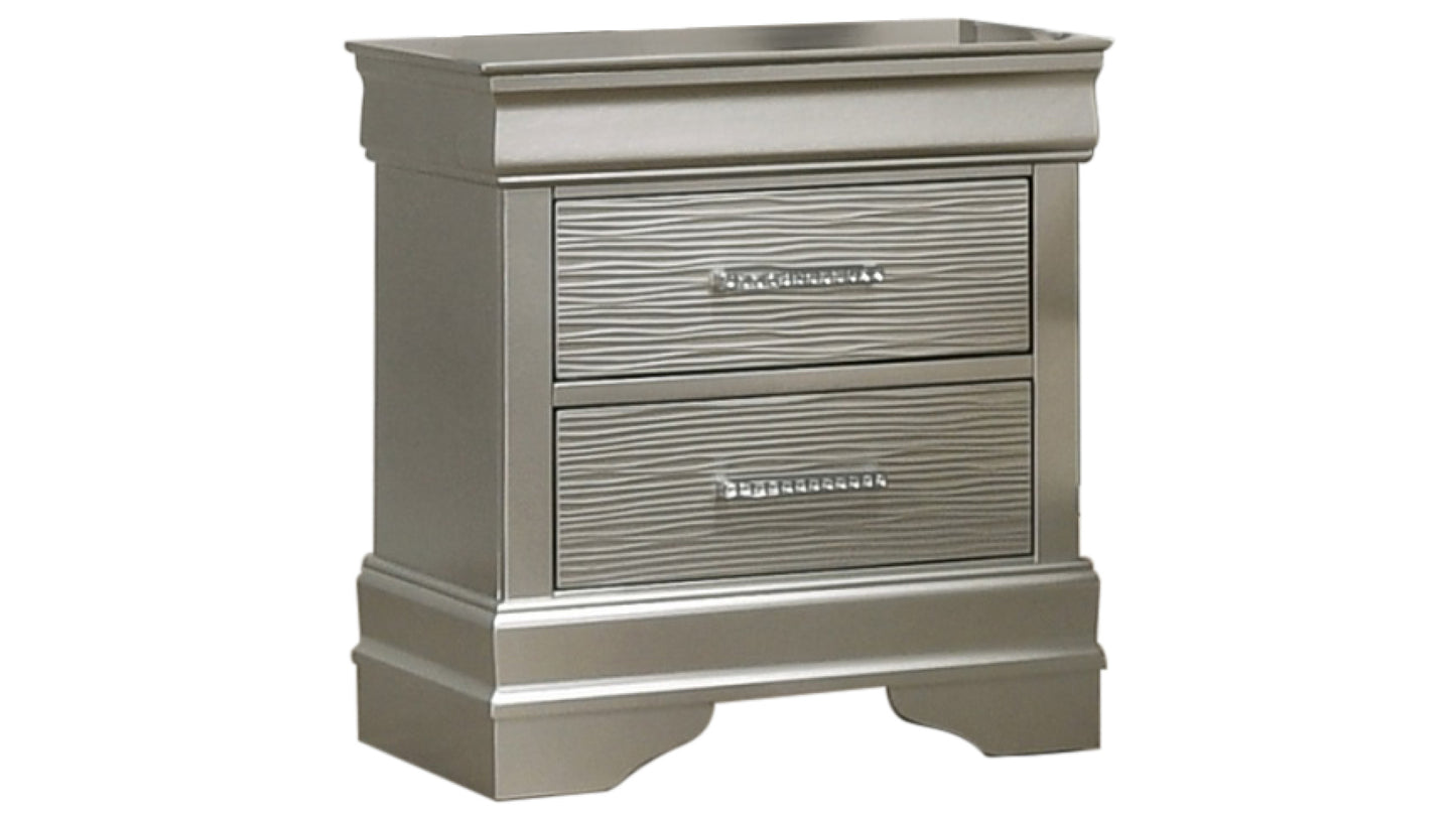Silver contemporary nightstand with two drawers featuring textured fronts and crystal hardware