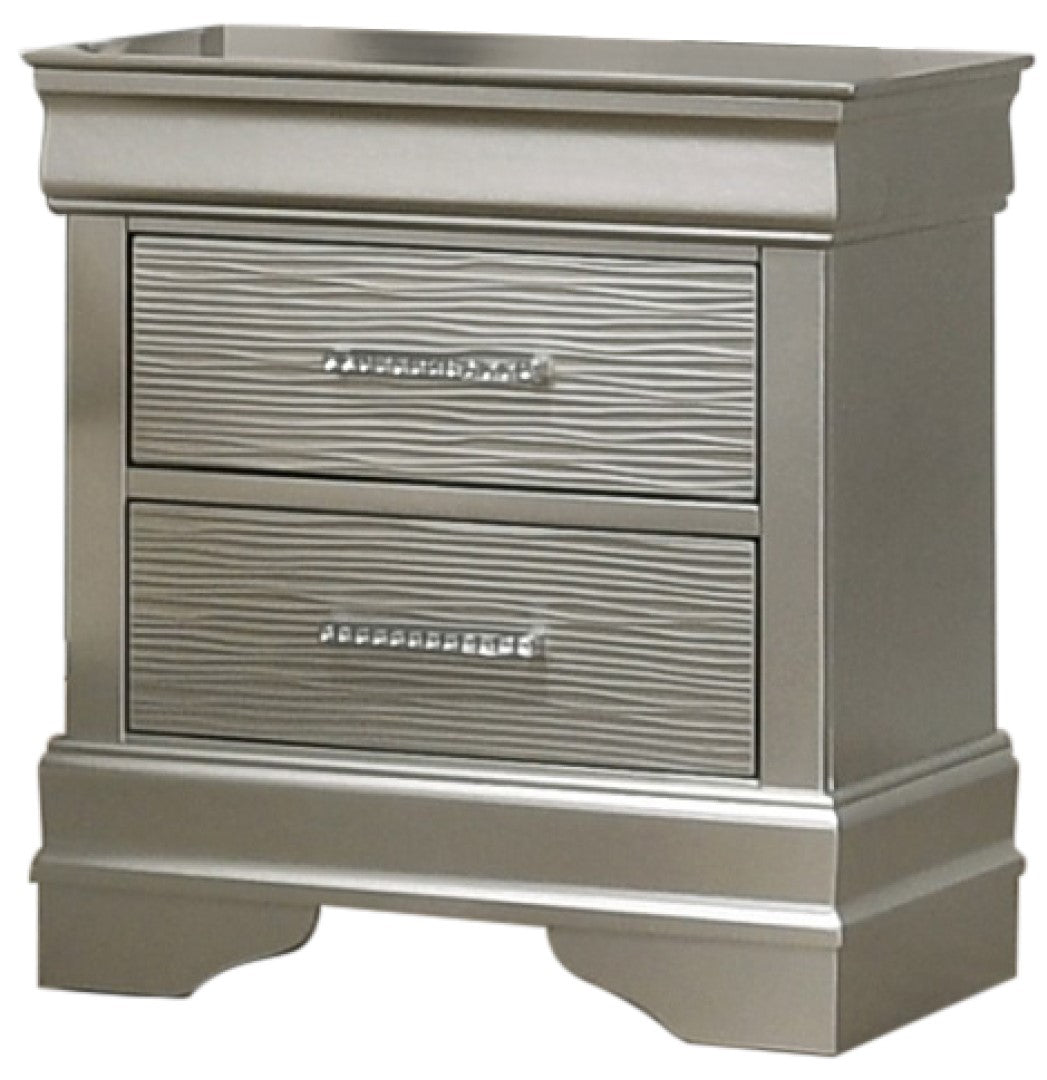 Silver nightstand with two textured drawers and crystal handles