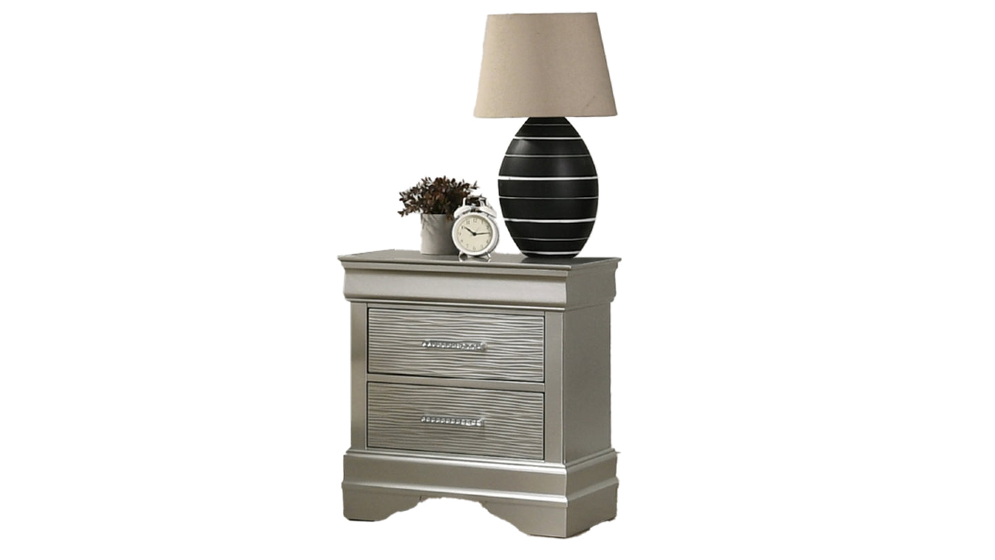 Silver bedside table with two textured drawers and crystal knobs