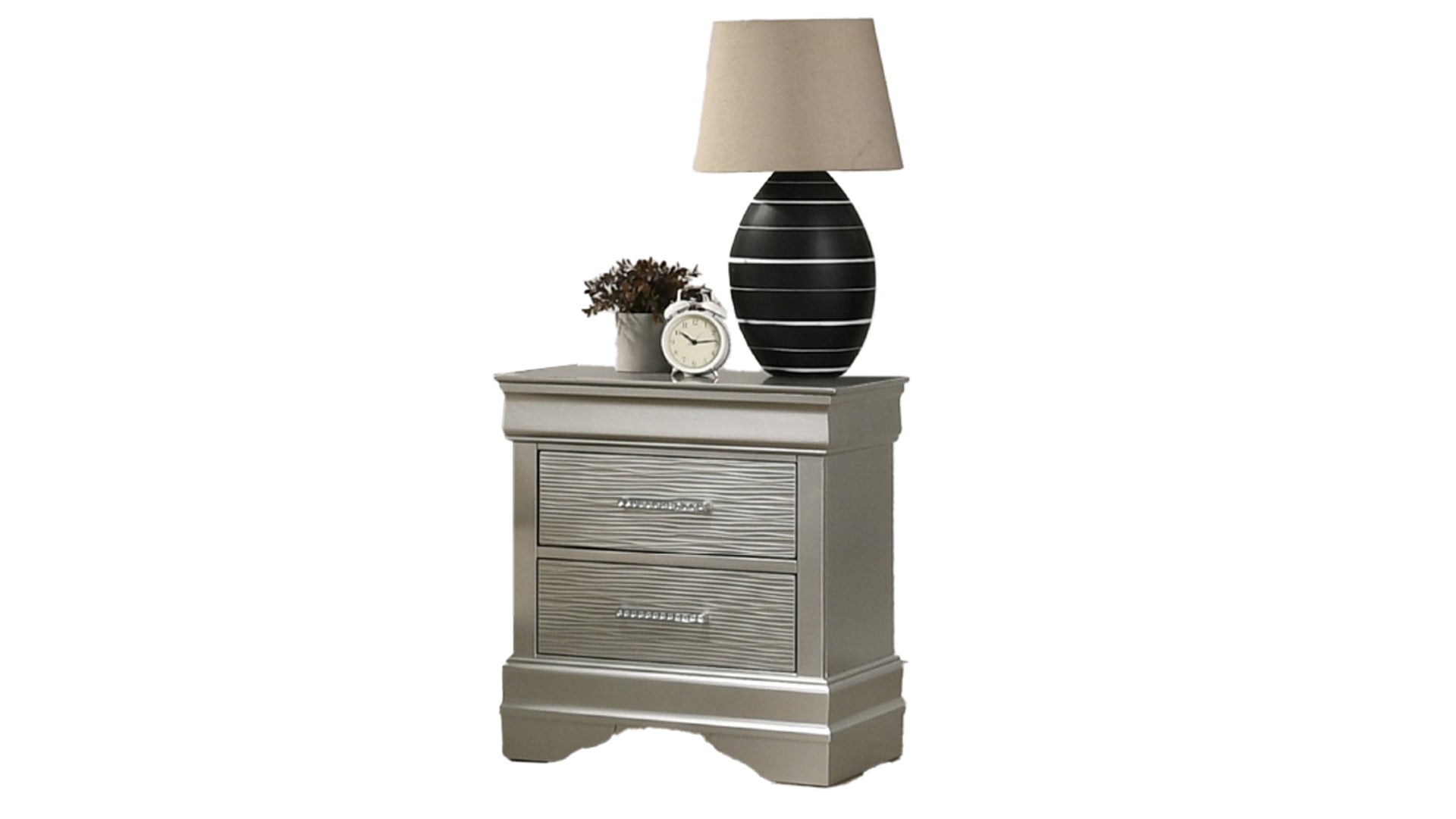 Silver bedside table with two textured drawers and crystal knobs