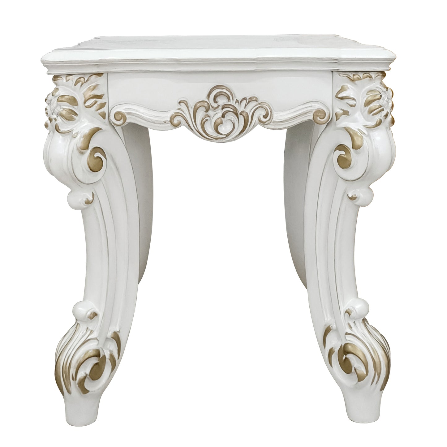 Elegant white accent table with ornate gold scrollwork and carved legs