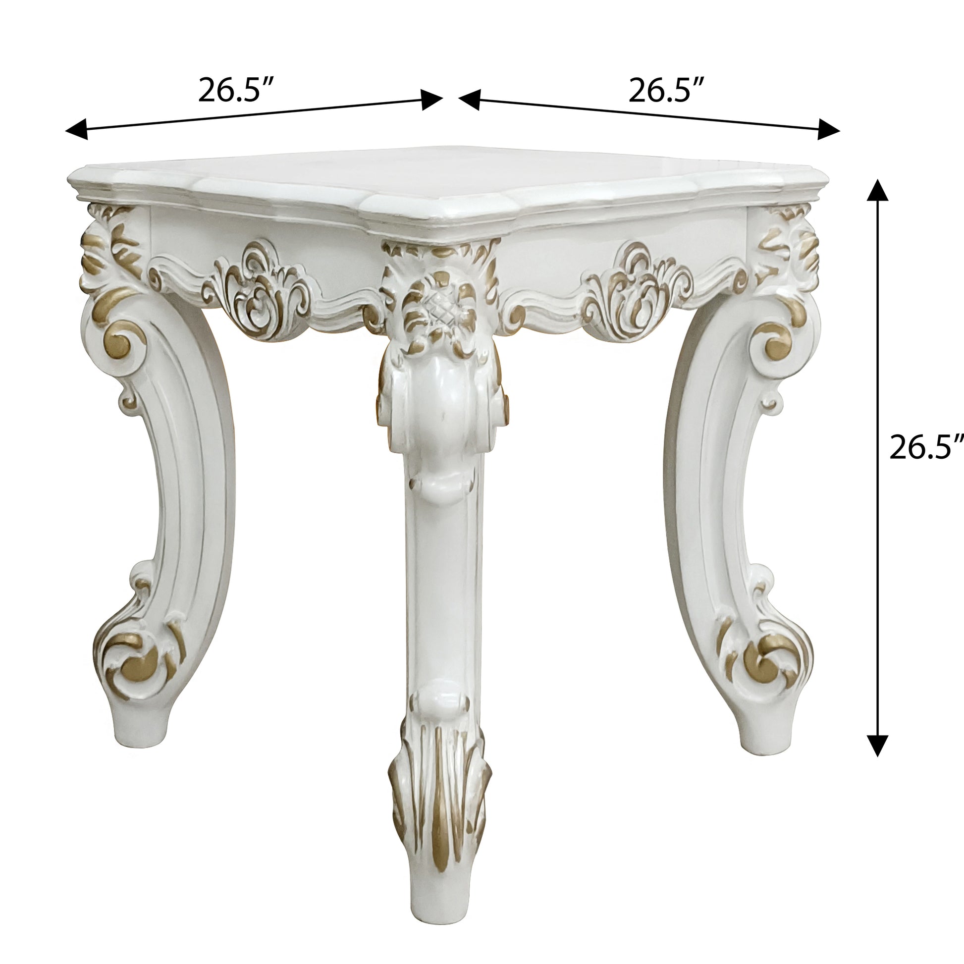 White ornate side table with gold accents and curved legs  dimensions