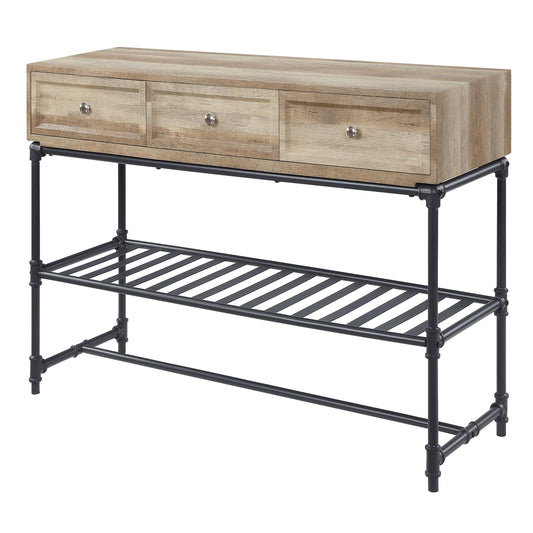 Rustic wood entryway table with three drawers and a slatted metal shelf for shoe storage