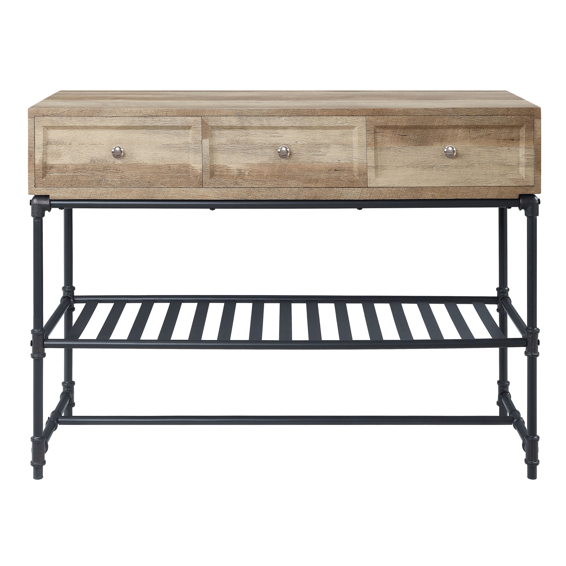 Rustic oak veneer console table with three drawers and black metal pipe legs