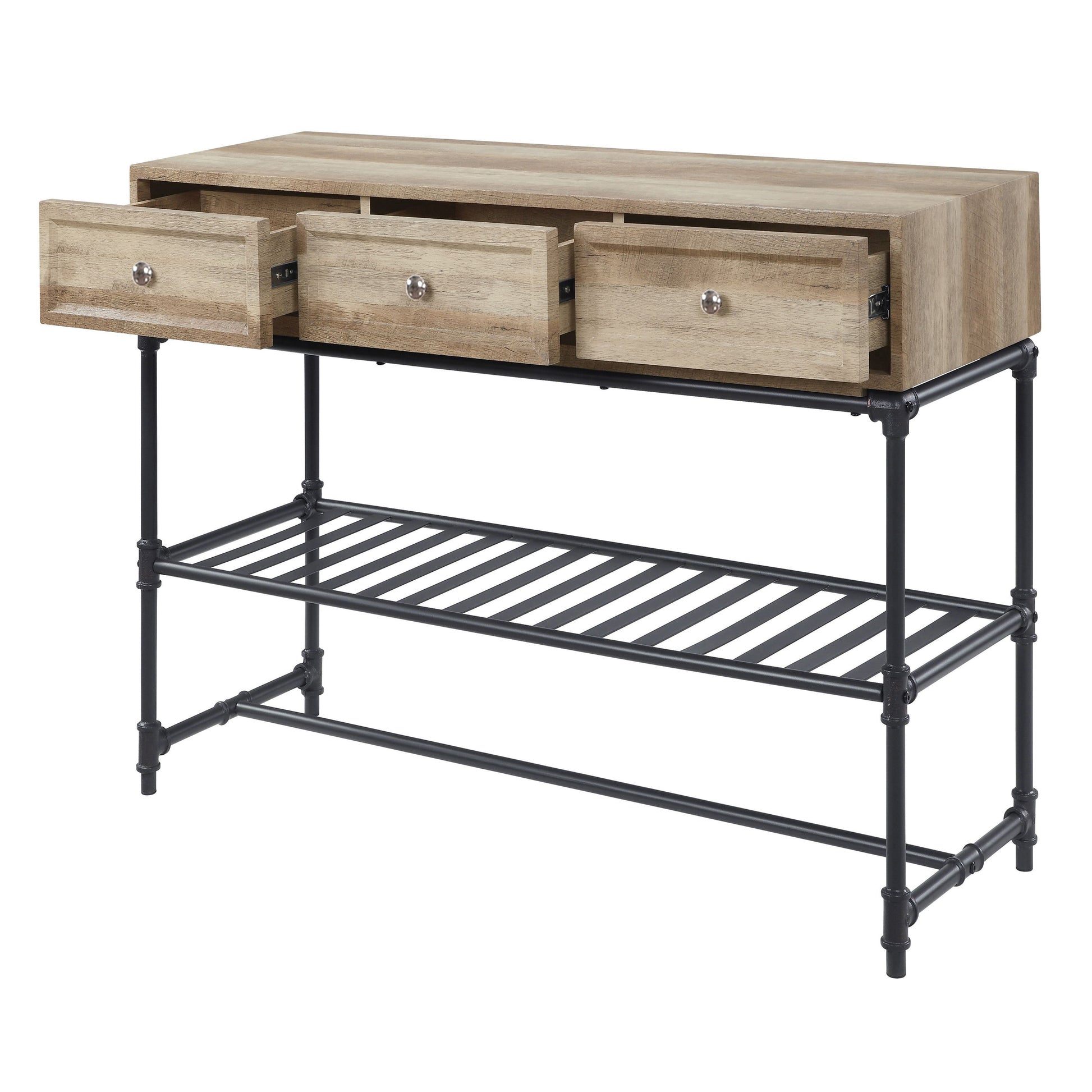 Light oak hallway console with three open drawers and a black metal pipe shelf