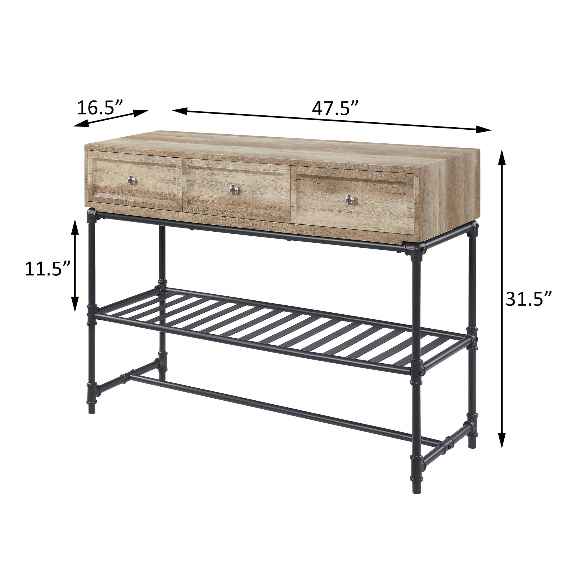 Rustic wooden entryway console table with three drawers and metal pipe legs