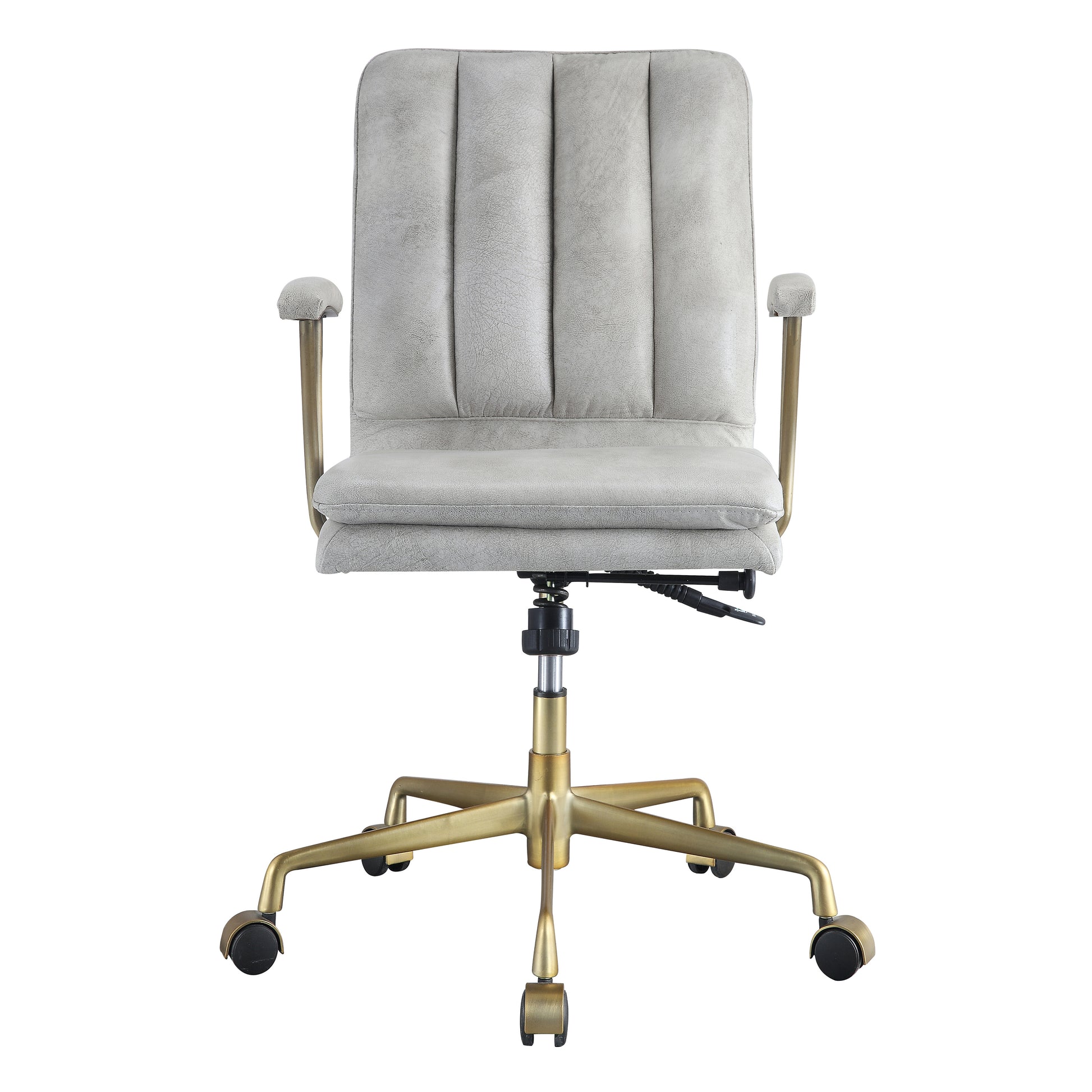 Light gray tufted office chair with brass accents and wheels