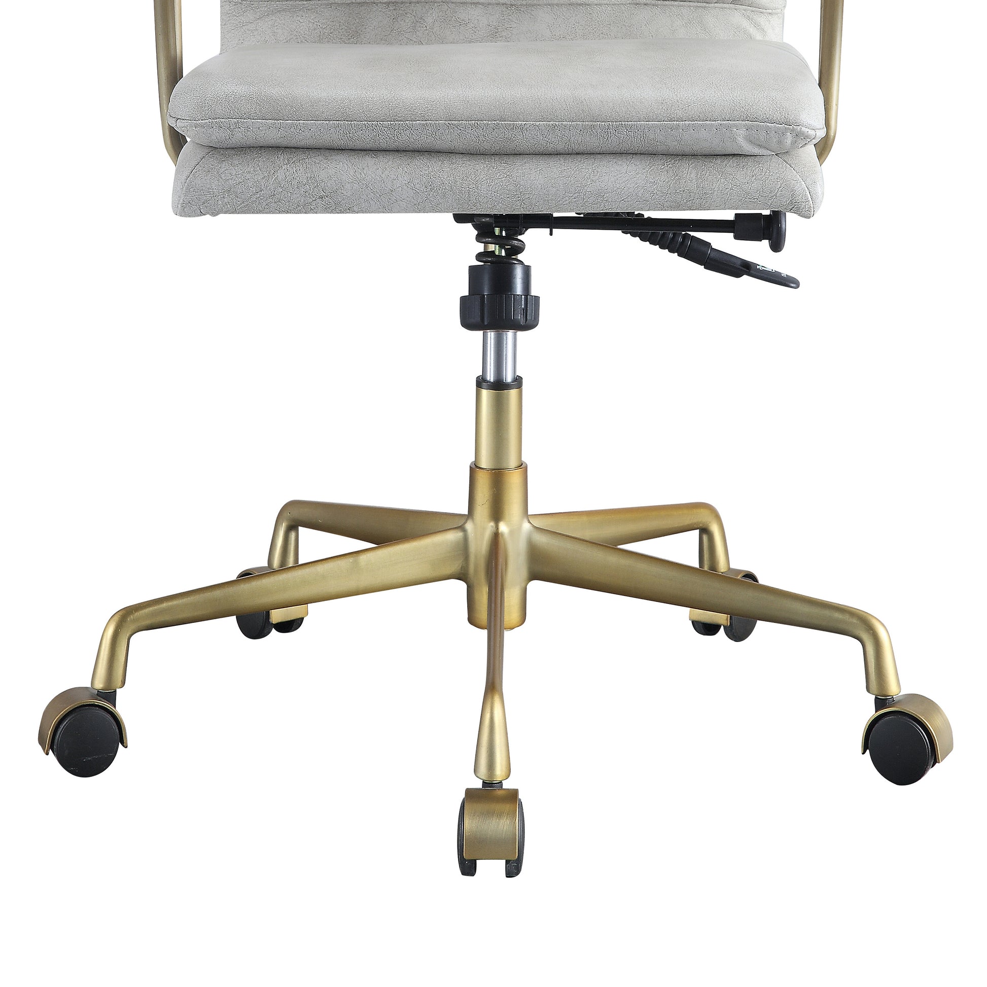 Modern office chair with plush gray faux leather seat and gold base with casters
