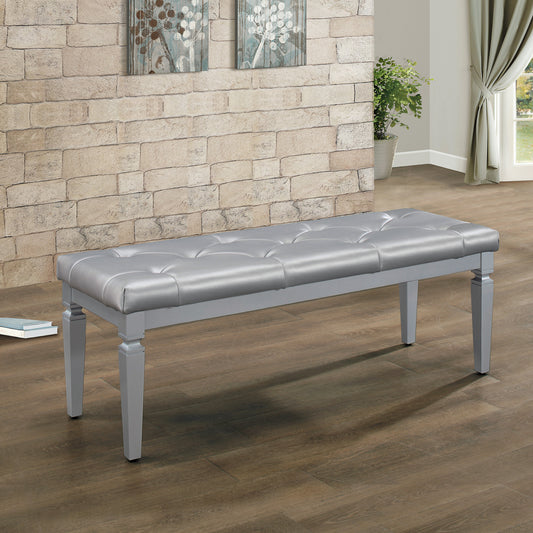 Tufted silver faux leather bench with grey wooden legs perfect for entryway seating