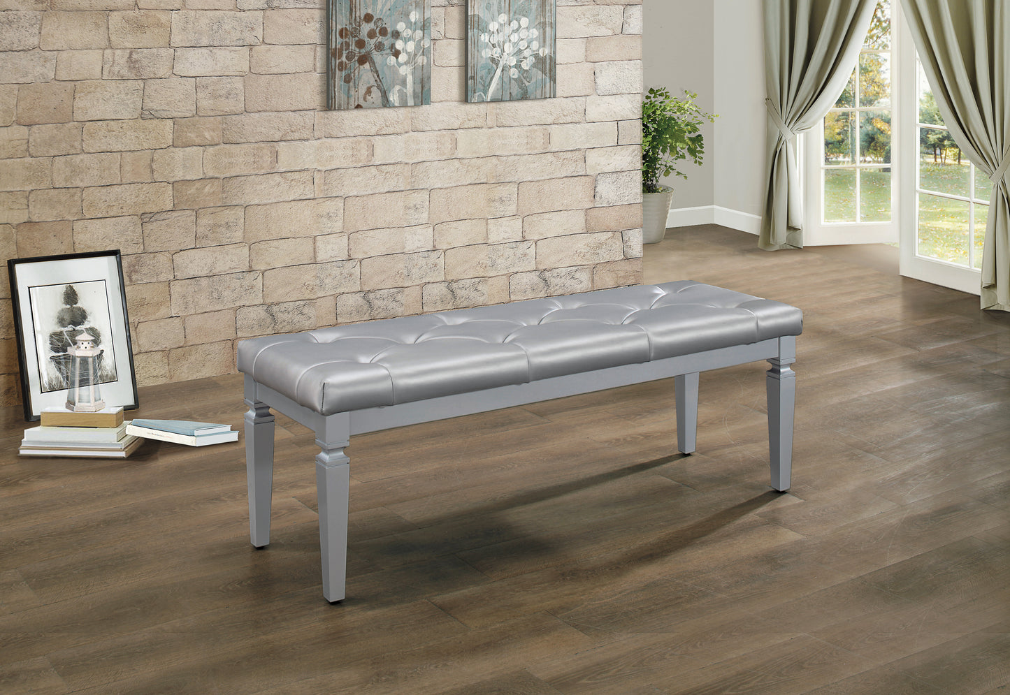 Tufted silver faux leather bench with gray wooden legs for entryways or bedrooms