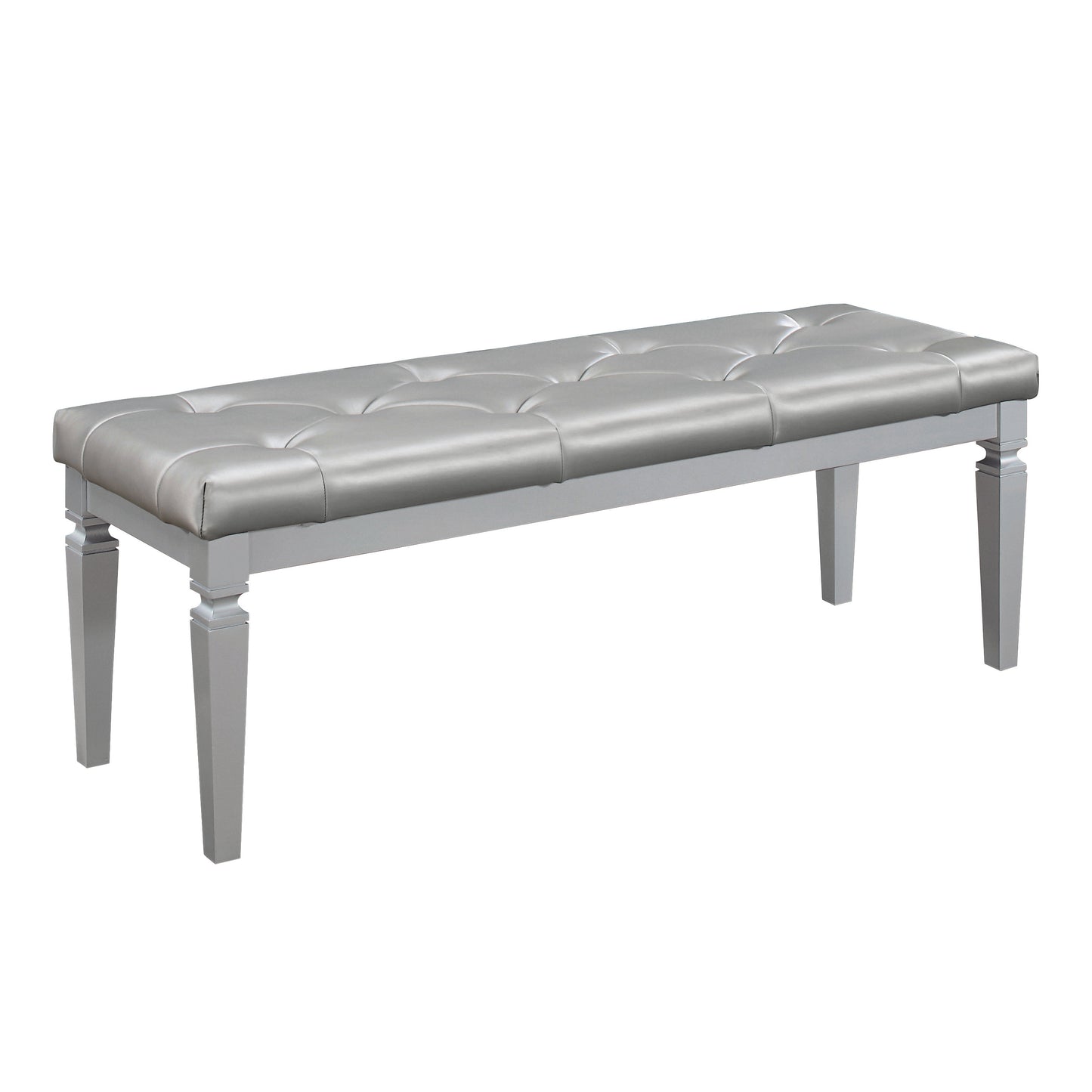Tufted silver faux leather bench with gray wooden legs for entryway decor