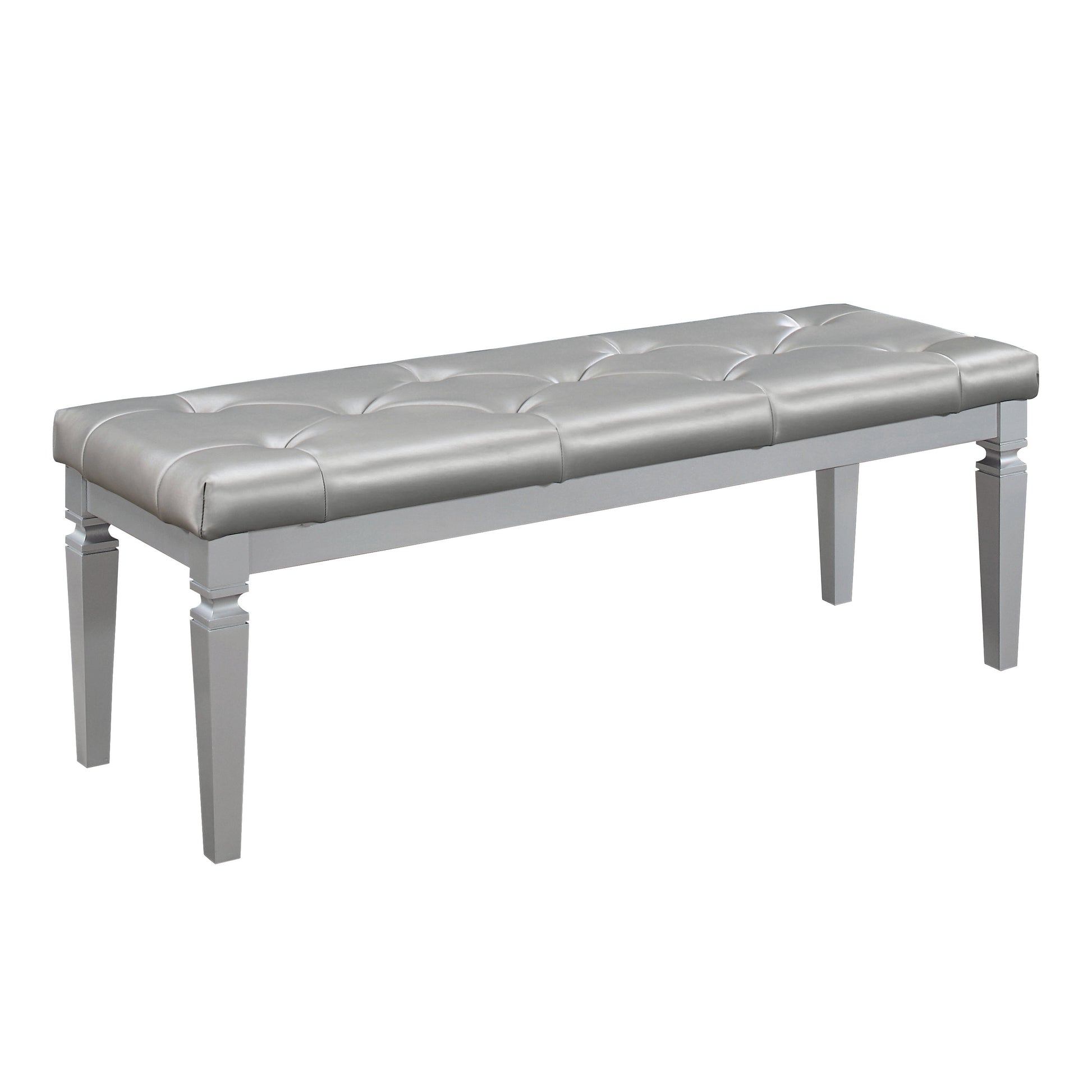 Tufted silver faux leather bench with gray wooden legs for entryway decor