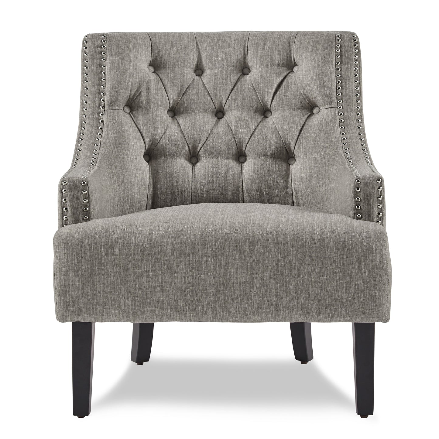 Tufted grey fabric accent chair with silver nailhead trim and dark wooden legs