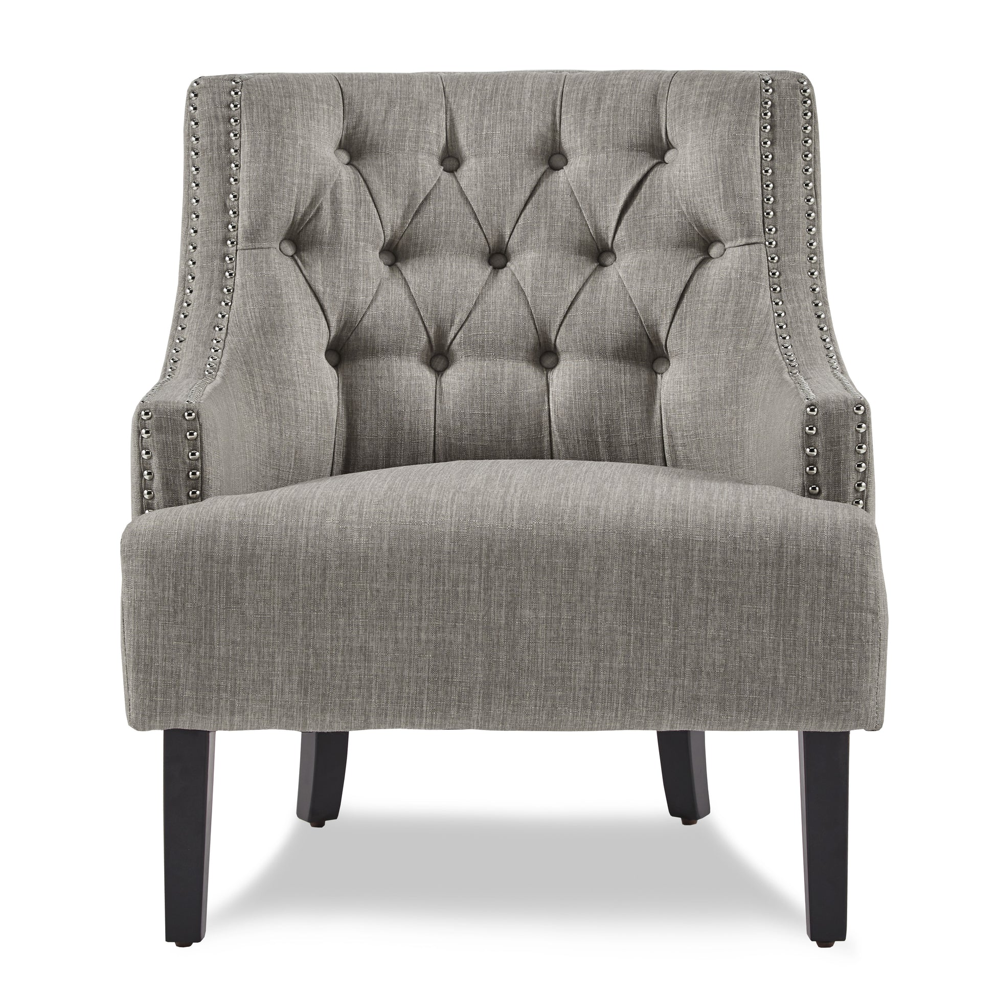 Tufted grey fabric accent chair with silver nailhead trim and dark wooden legs