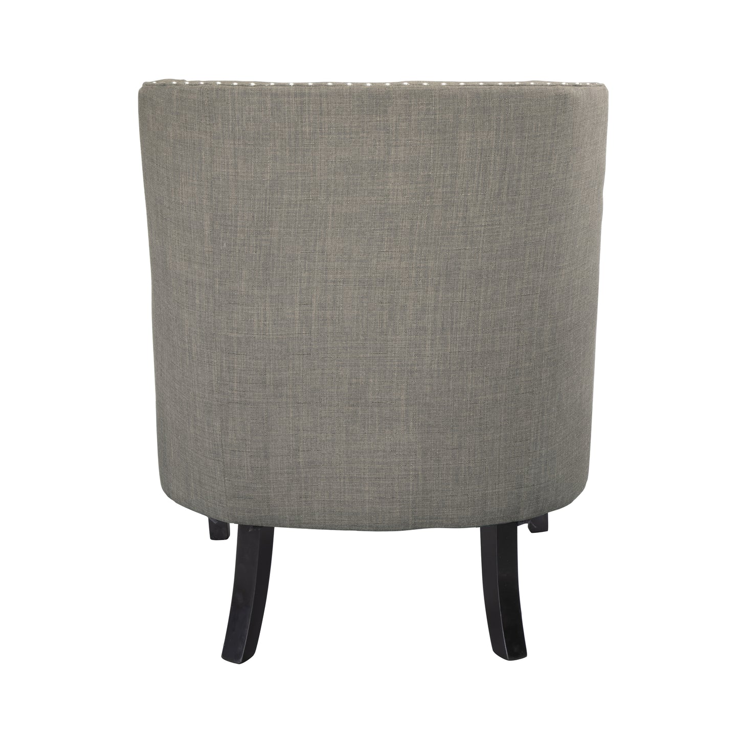 Back view of a grey linen barrel chair with silver nailhead trim and dark wood legs