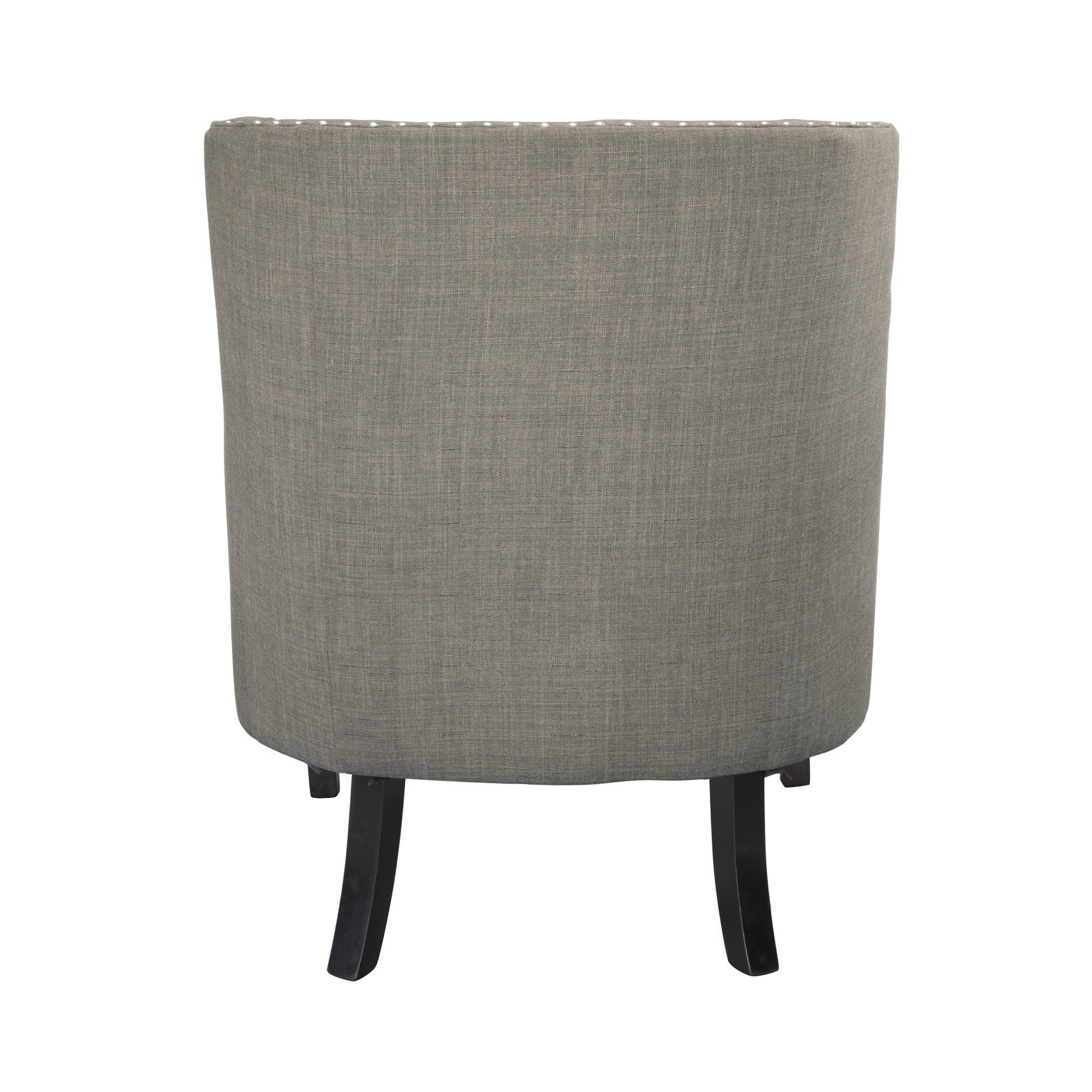 Back view of a grey linen barrel chair with silver nailhead trim and dark wood legs