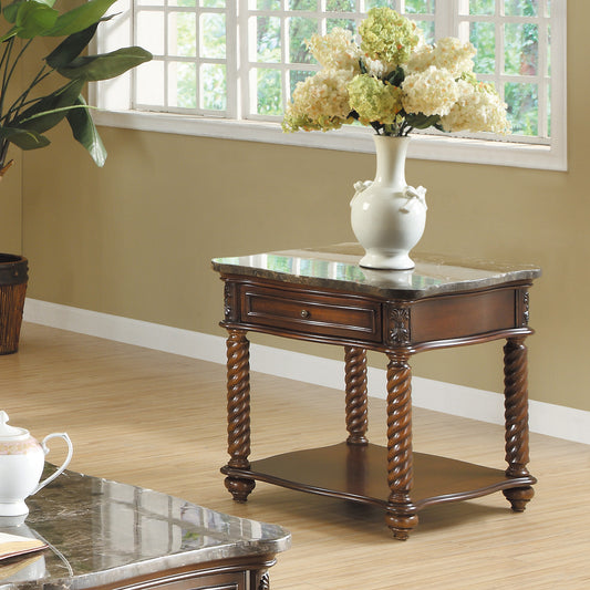 Ornate mahogany end table with twisted legs and marble top featuring a drawer
