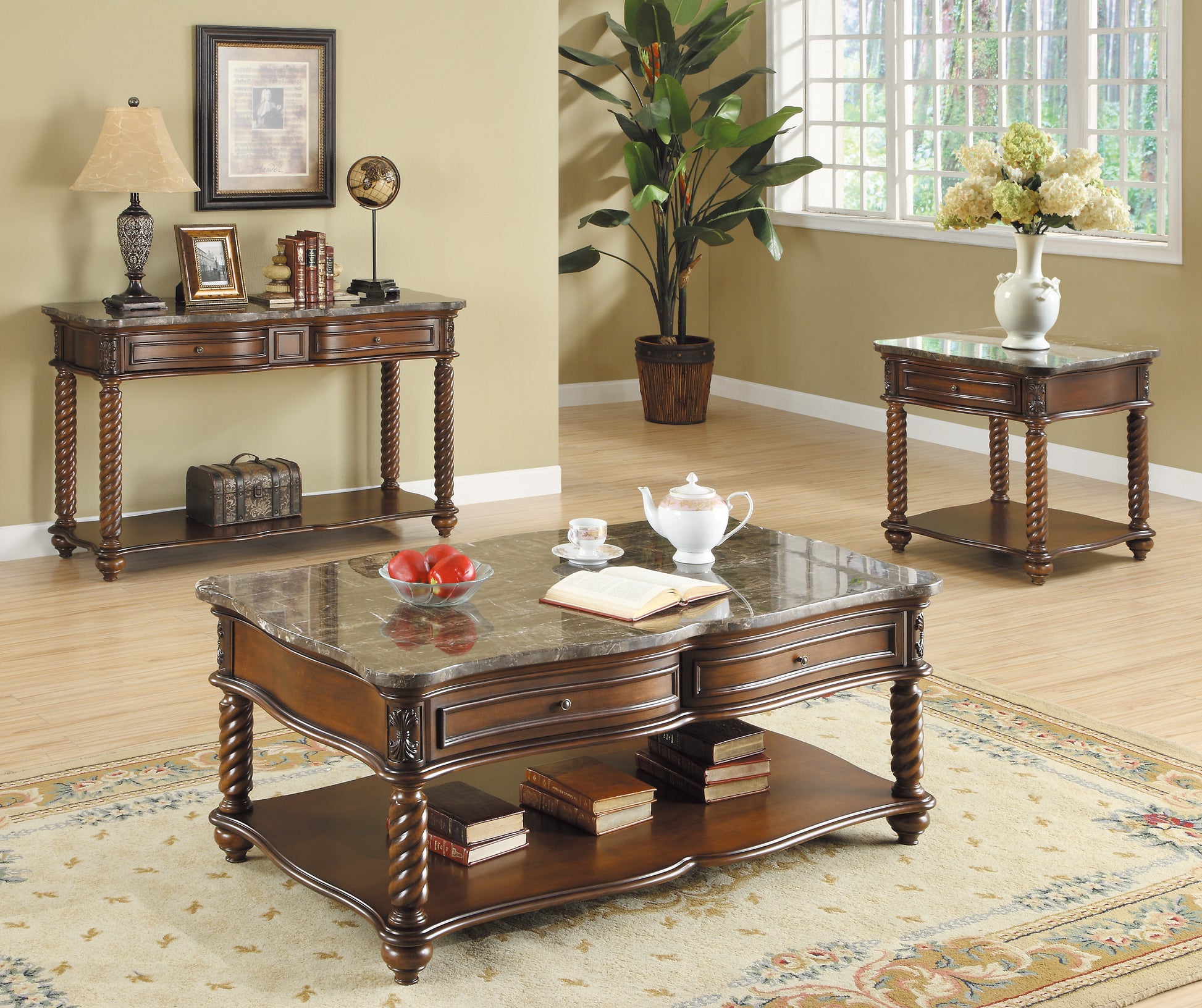 Ornate carved wood coffee table with marble top and decorative legs