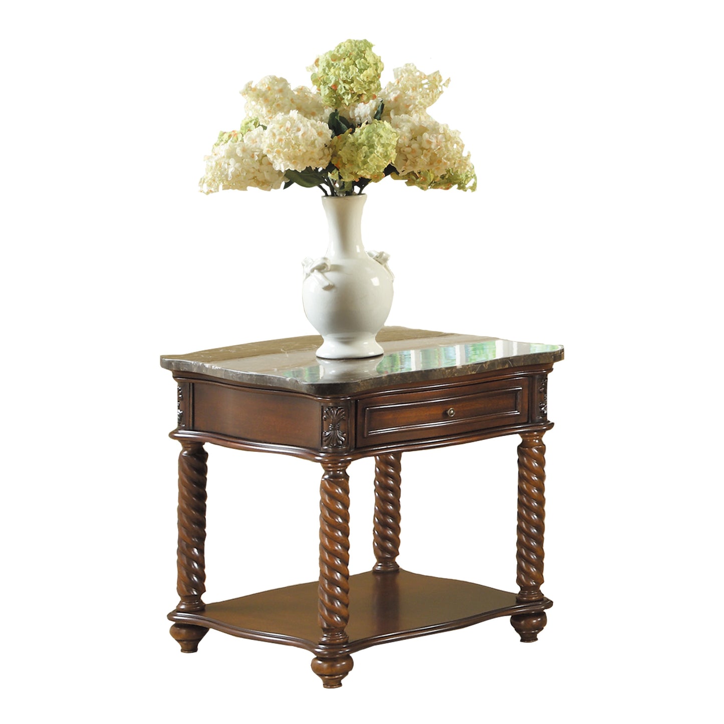 Dark wood end table with marble top and twisted legs