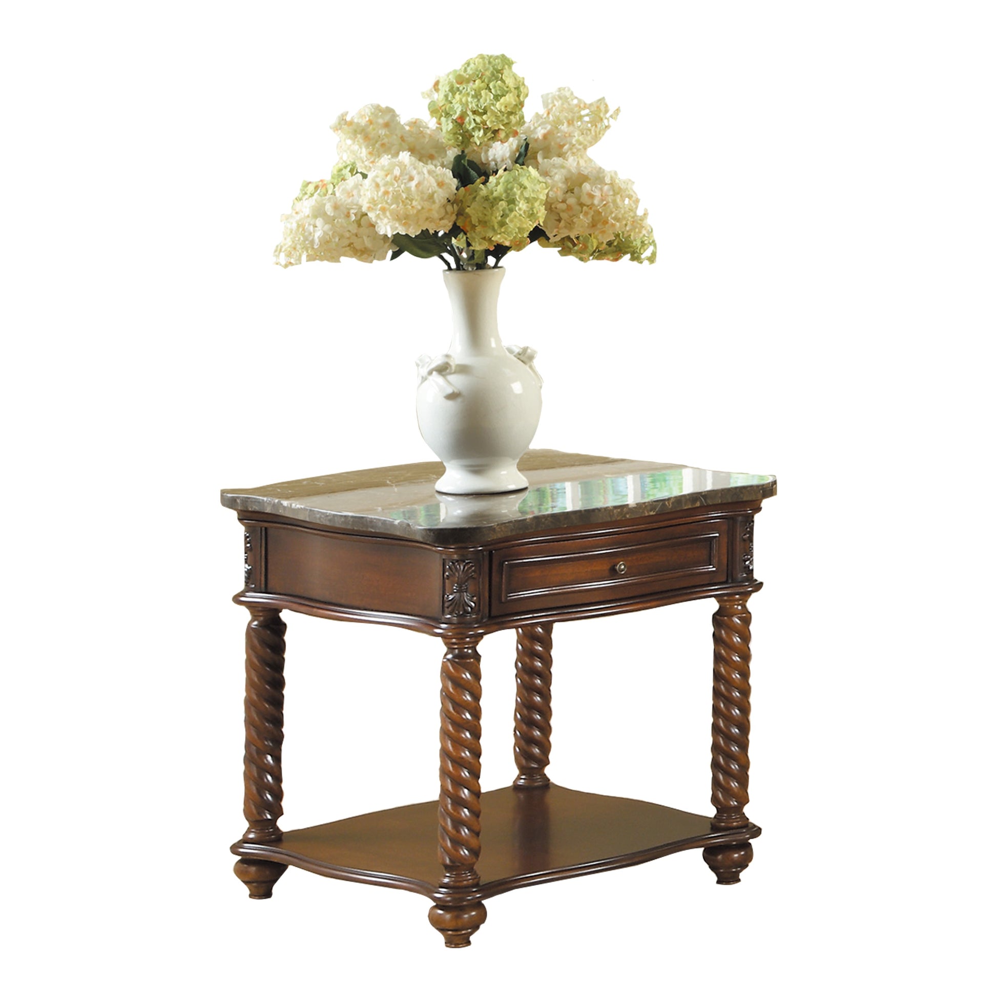 Dark wood end table with marble top and twisted legs