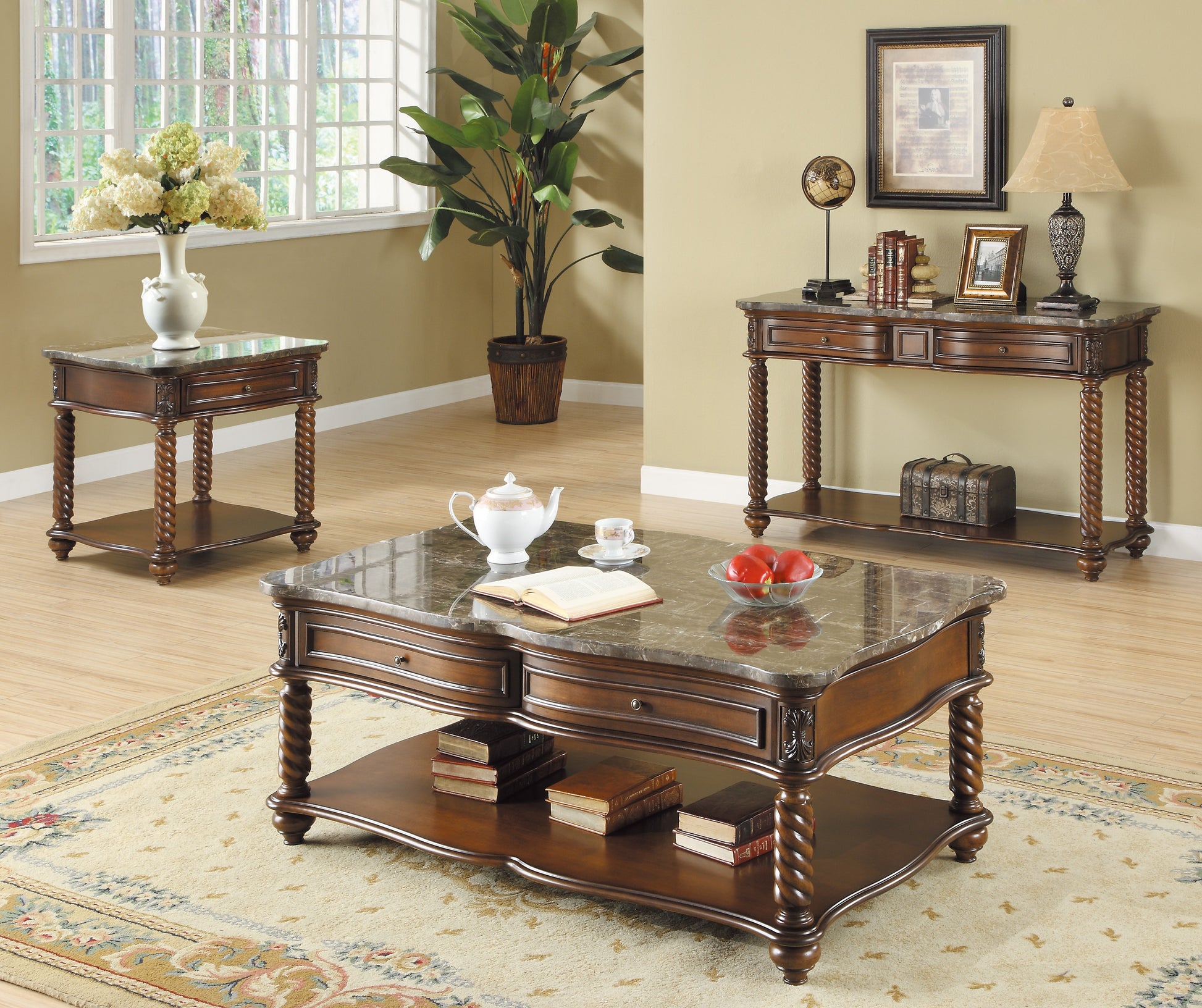 Ornate brown wood coffee table with marble top and ornate carved details