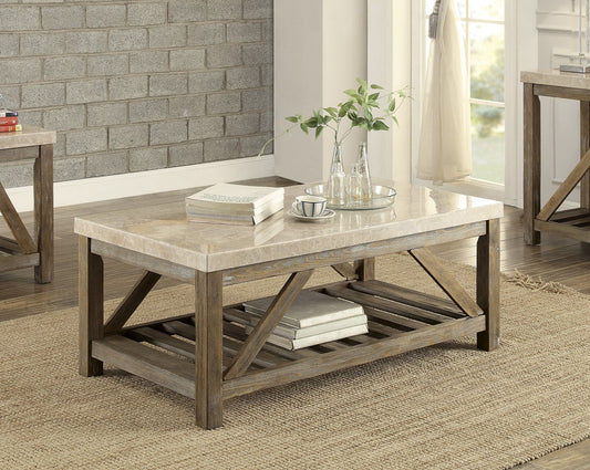 Farmhouse style coffee table with travertine stone top and weathered wood frame