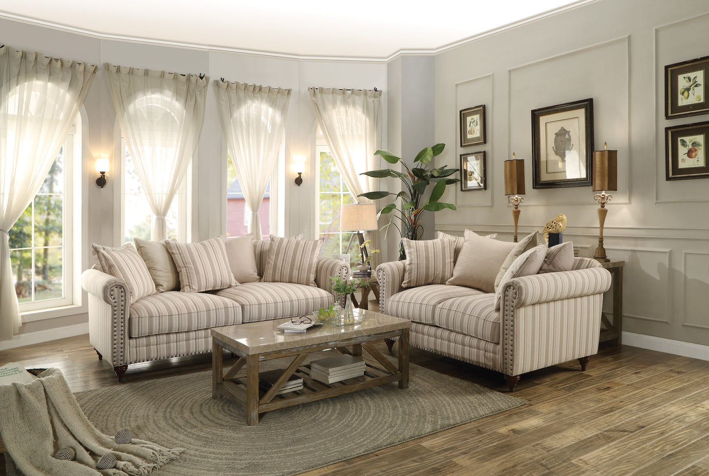 Striped beige and cream fabric sofa with studded arms classic living room furniture