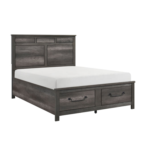Dark gray wood king bed frame with storage drawers and paneled headboard