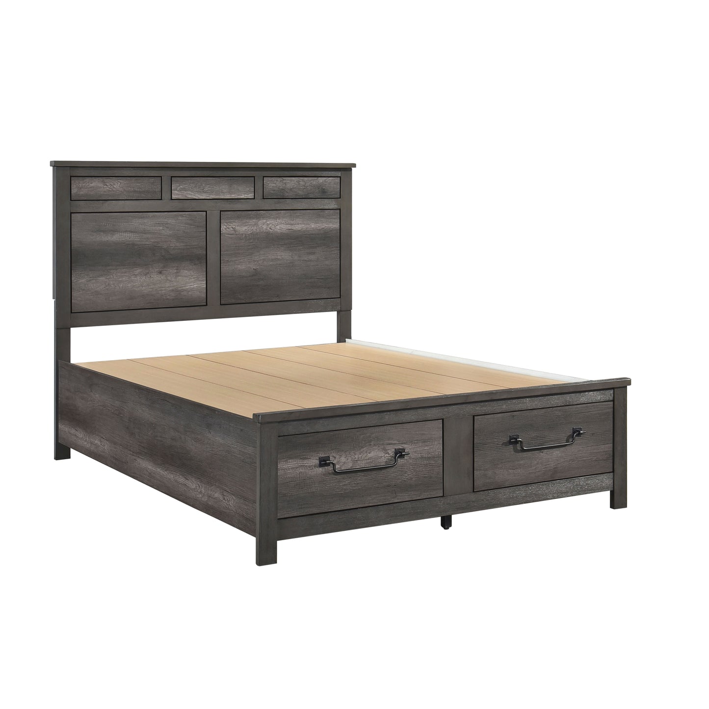 Gray wood queen bed frame with integrated storage drawers and modern headboard design
