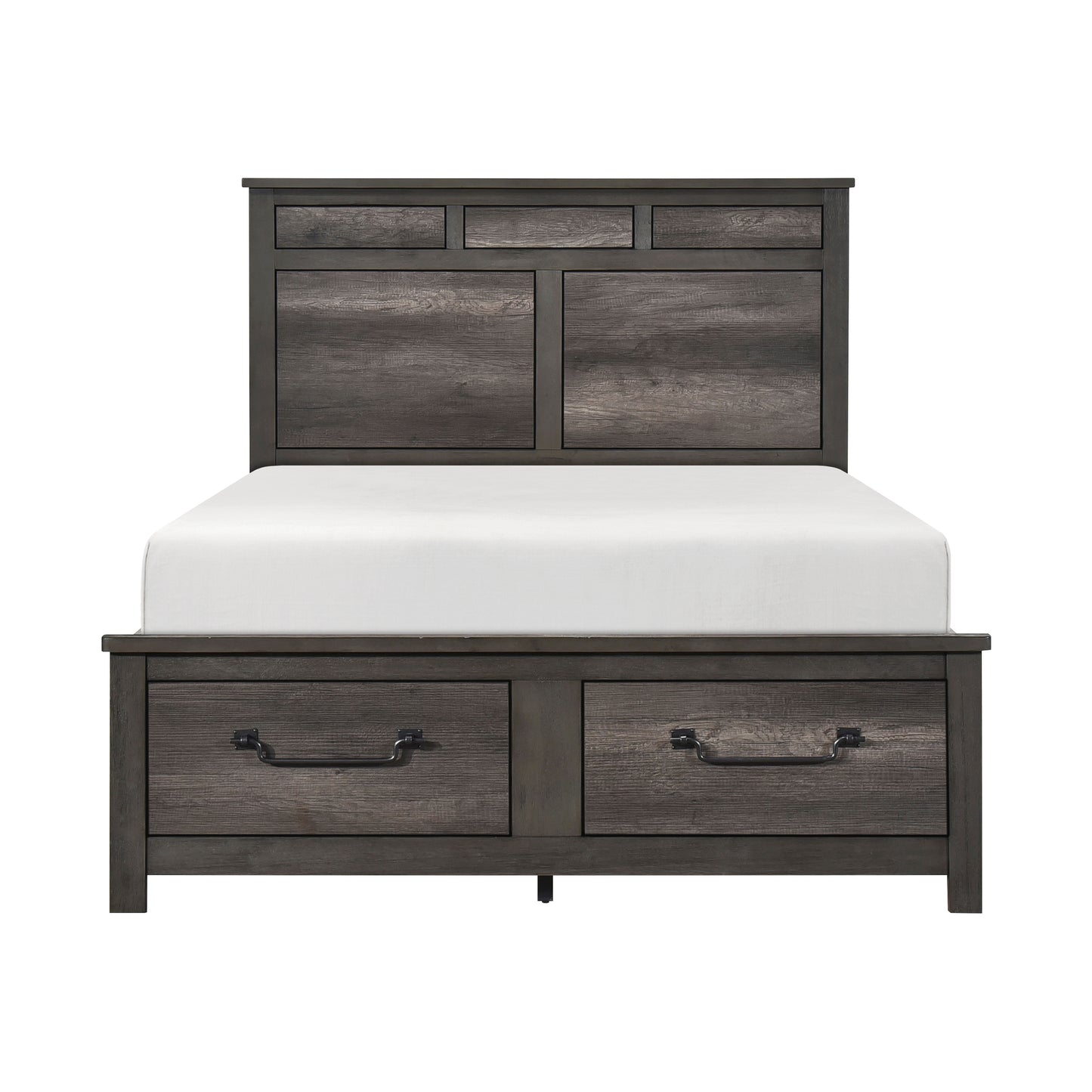 Dark gray wooden bed frame with headboard storage and two storage drawers