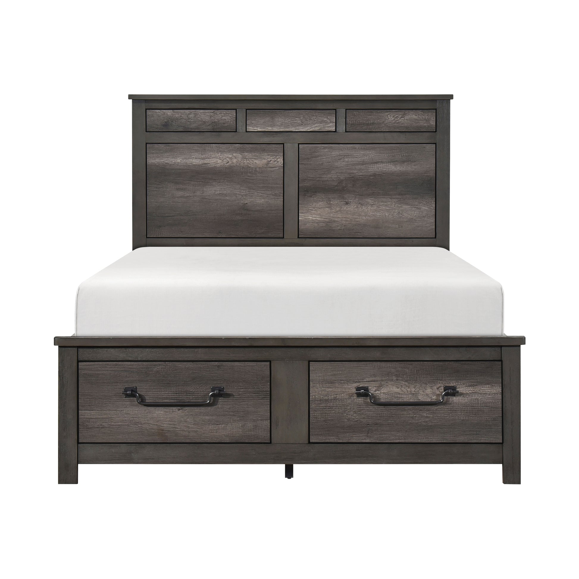 Dark gray wooden bed frame with headboard storage and two storage drawers
