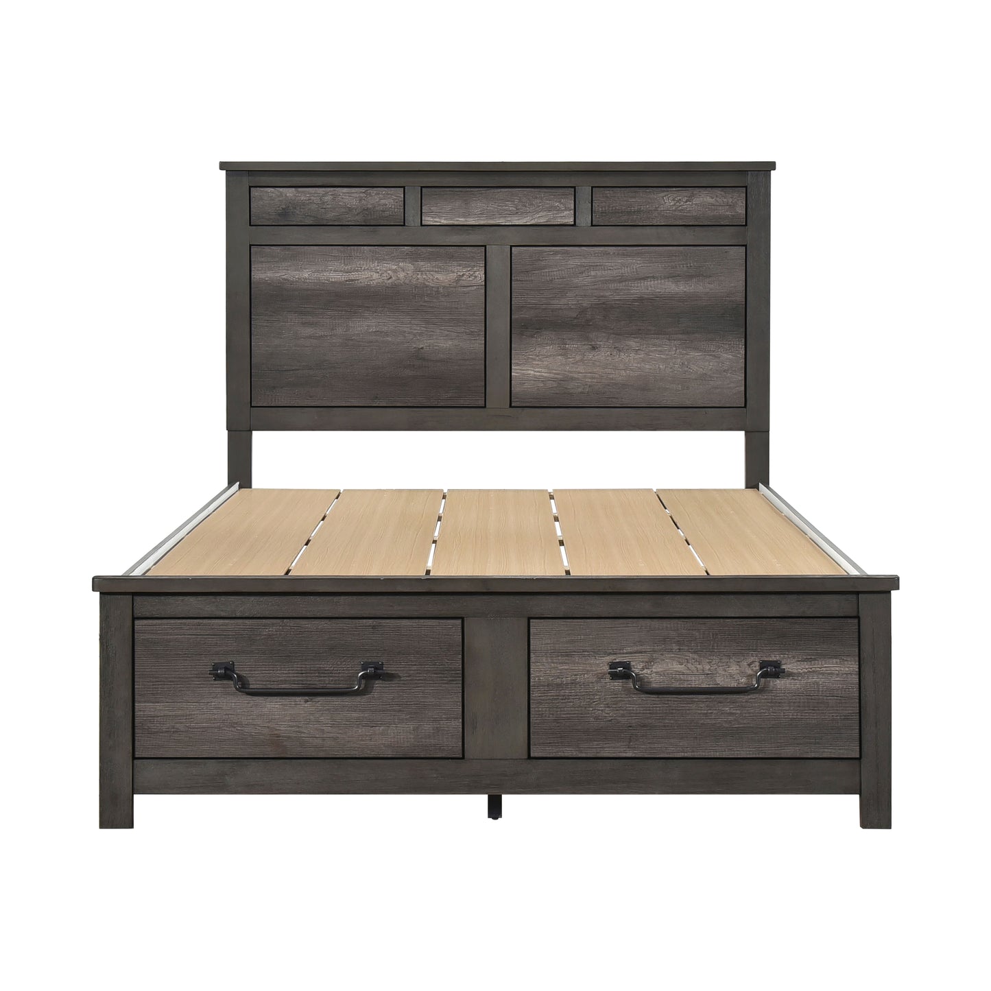 Dark gray wooden queen bed frame with storage drawers and slatted headboard