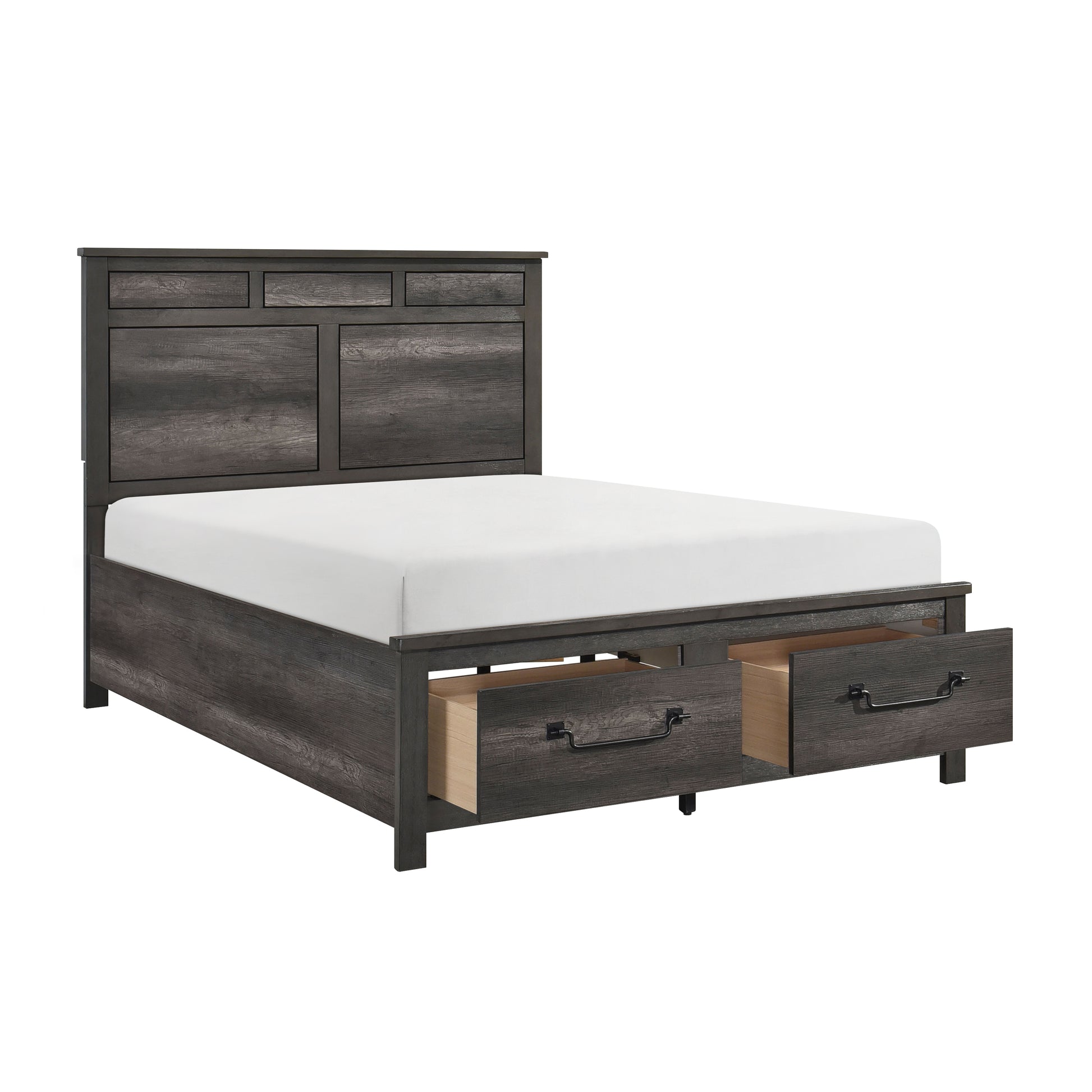 Dark gray wooden queen bed frame with storage drawers