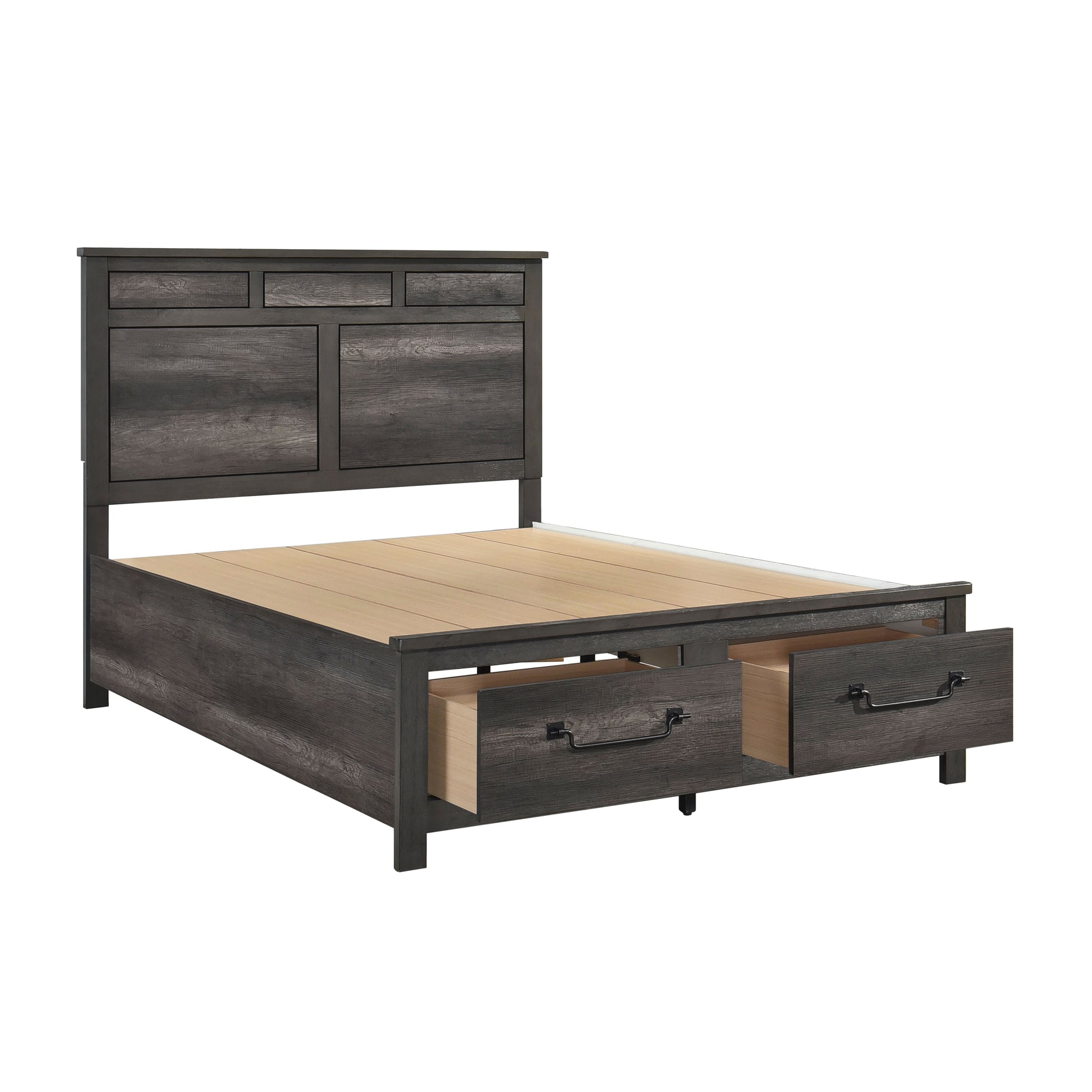 Dark grey wooden queen bed frame with storage drawers and paneled headboard