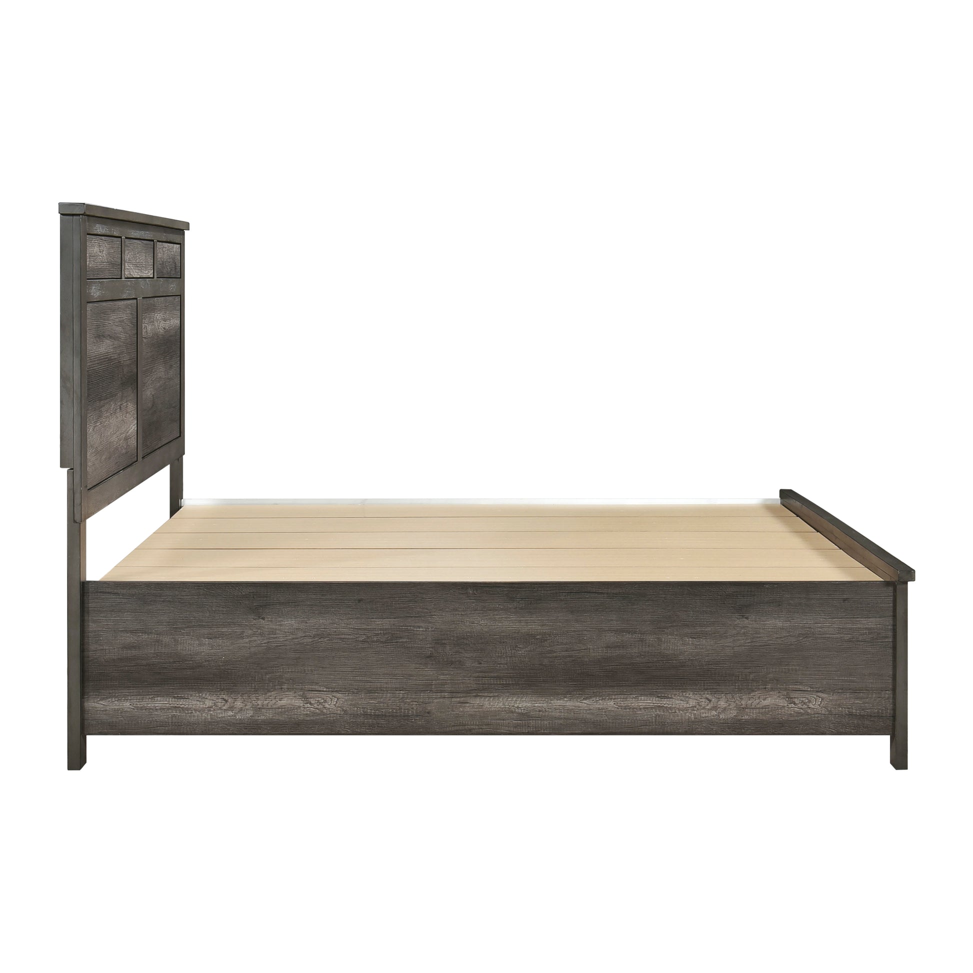 Modern charcoal grey wood bed frame with slatted platform support queen size