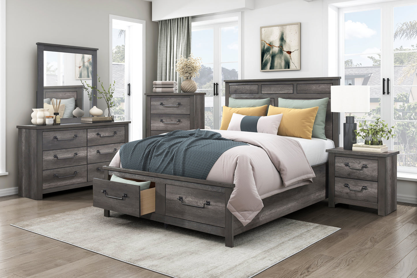 Rustic grey wood platform bed with builtin storage drawers and textured bedding