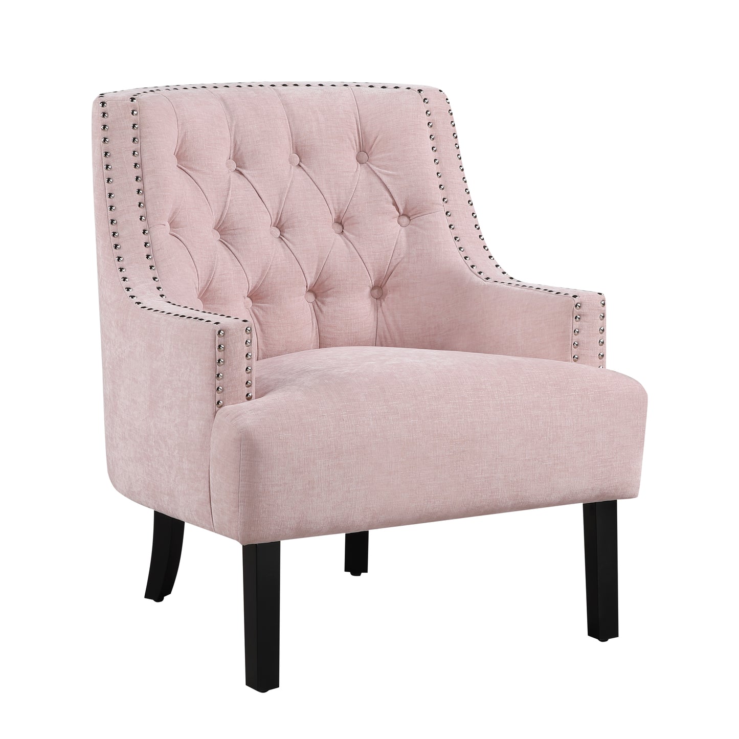 Pale pink upholstered accent chair with tufted back and nailhead trim details