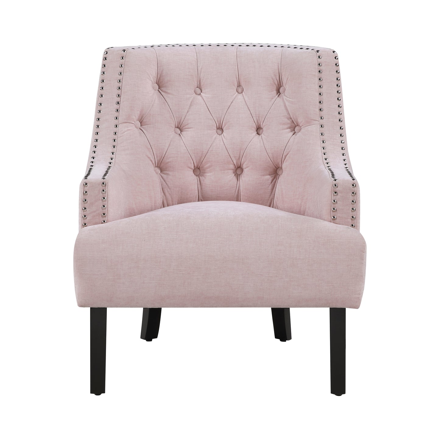 Elegant light pink tufted armchair with silver nailhead trim and dark wooden legs