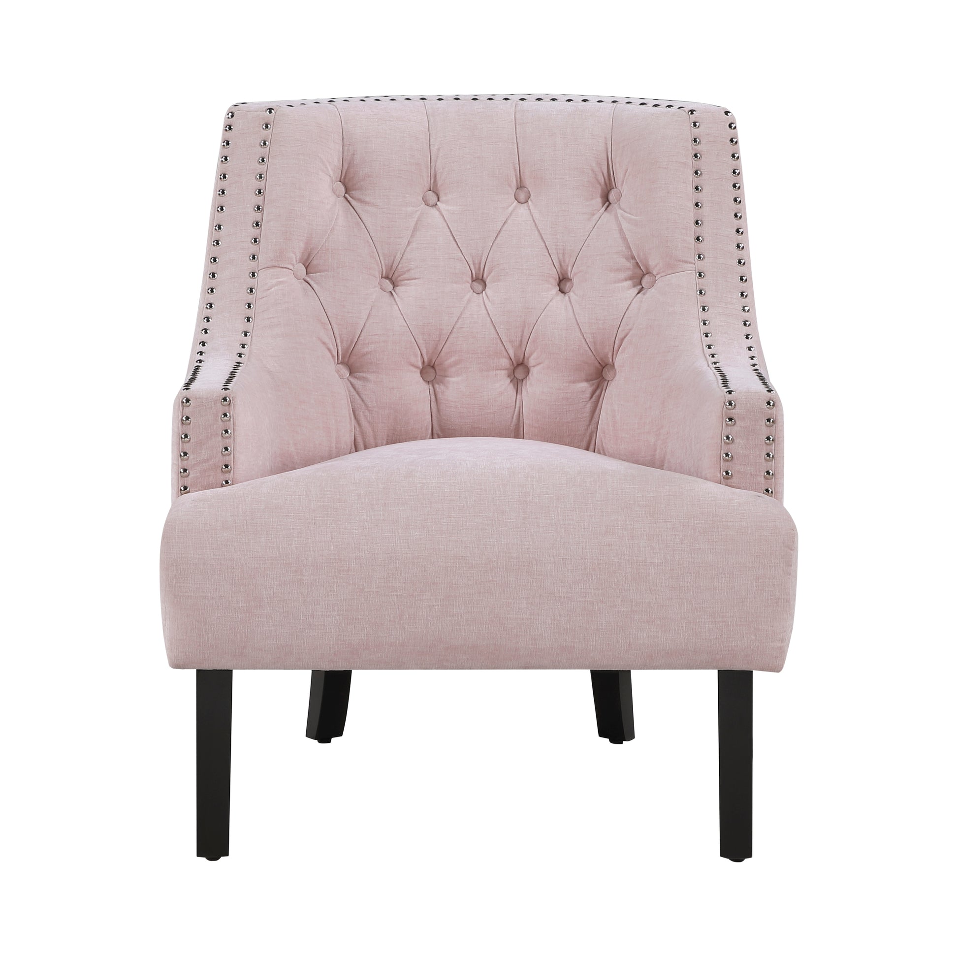 Elegant light pink tufted armchair with silver nailhead trim and dark wooden legs