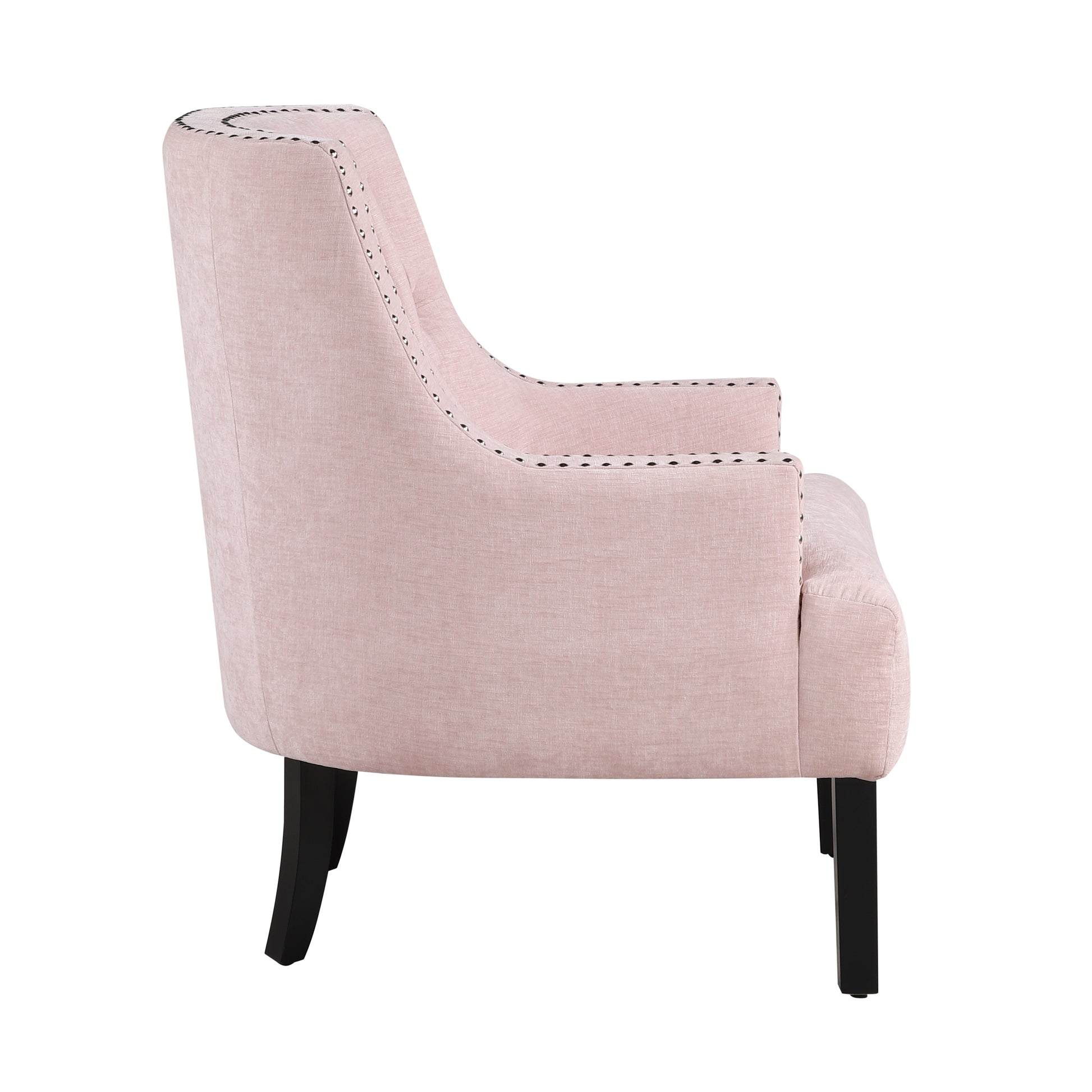 Pink linen accent chair with nailhead trim and black wooden legs
