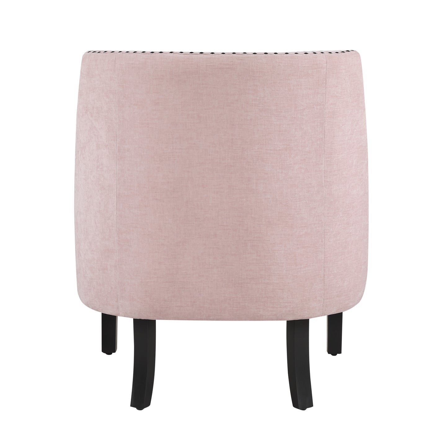 Pink velvet accent chair with dark tapered legs and decorative nailhead trim