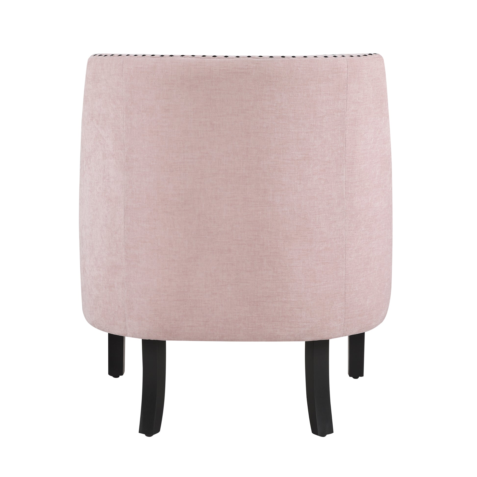 Pink velvet accent chair with dark tapered legs and decorative nailhead trim