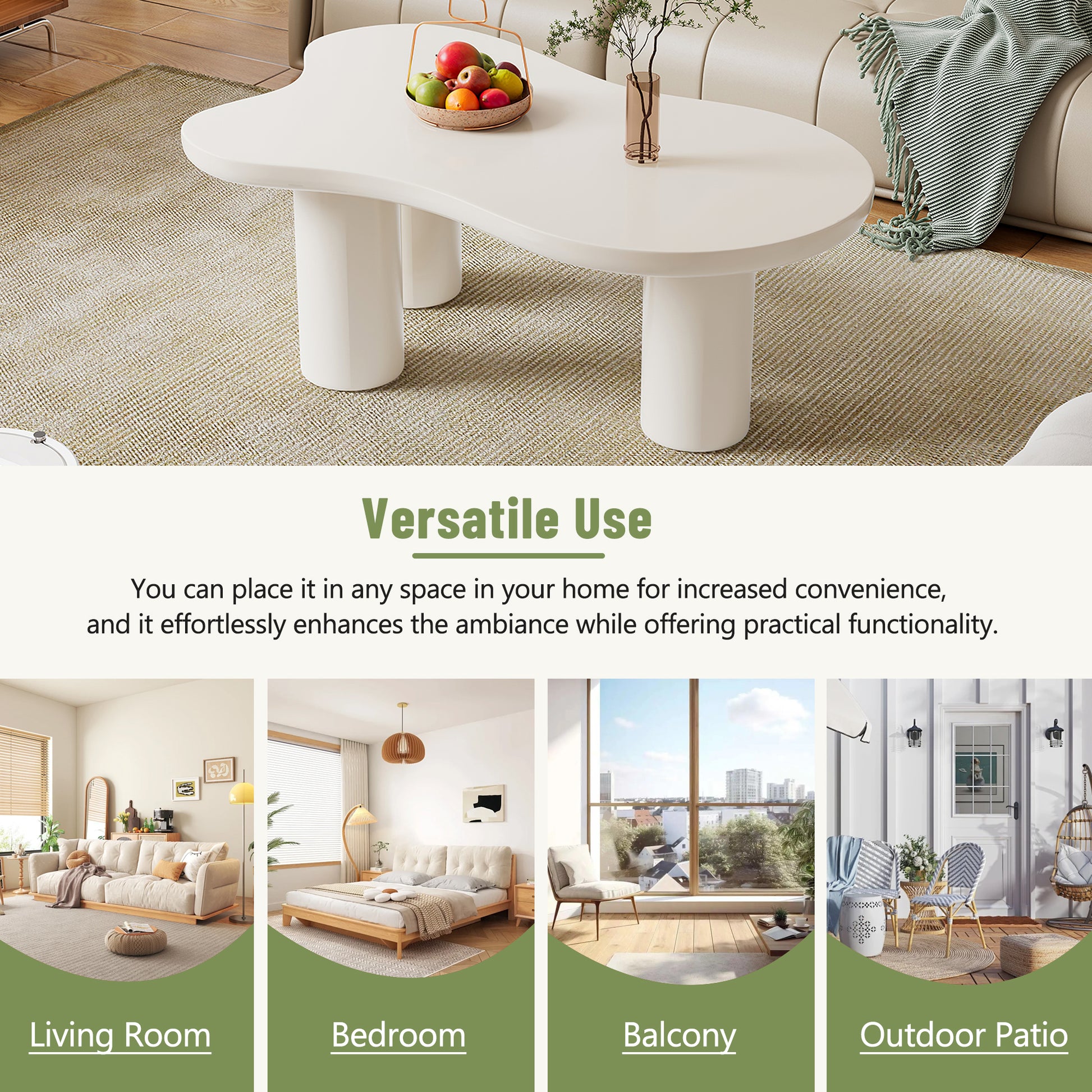 Curvy white coffee table with fruit bowl and vase on a textured rug