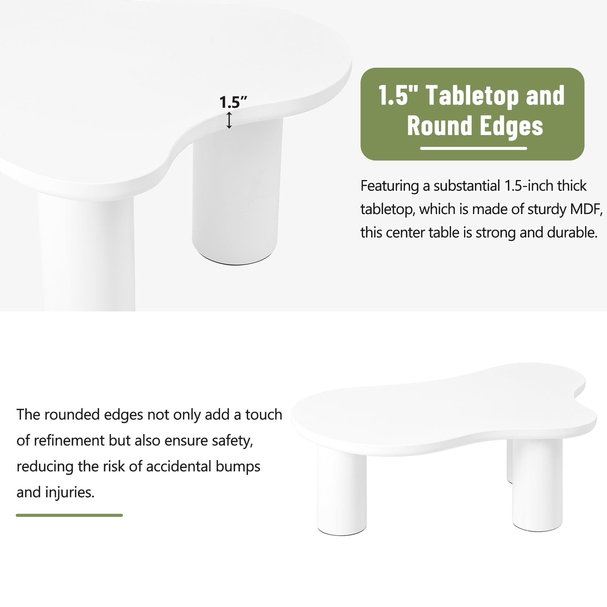 White abstract coffee table with  inch thick MDF tabletop and rounded edges