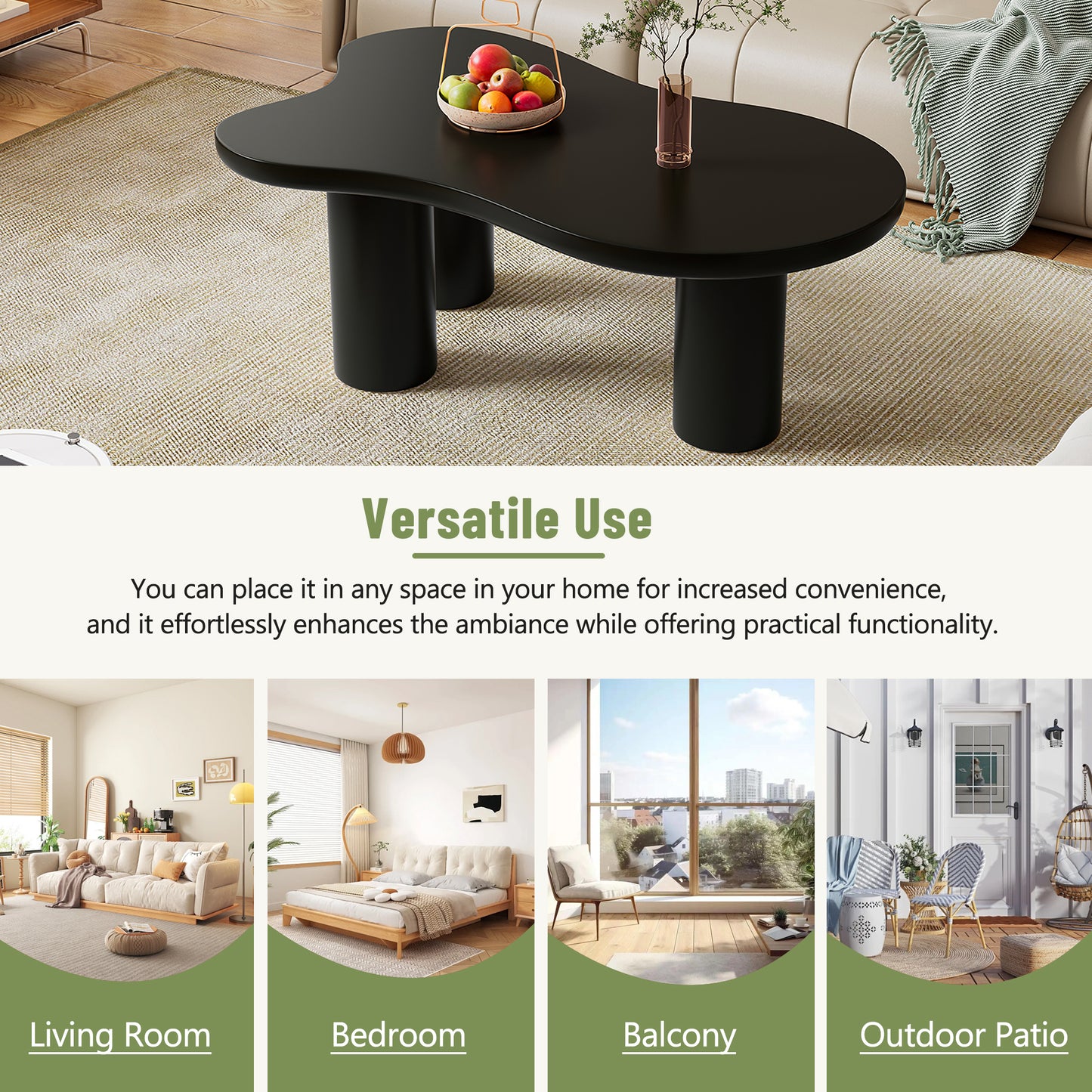 Black organic coffee table with rounded legs holding a fruit bowl and vase