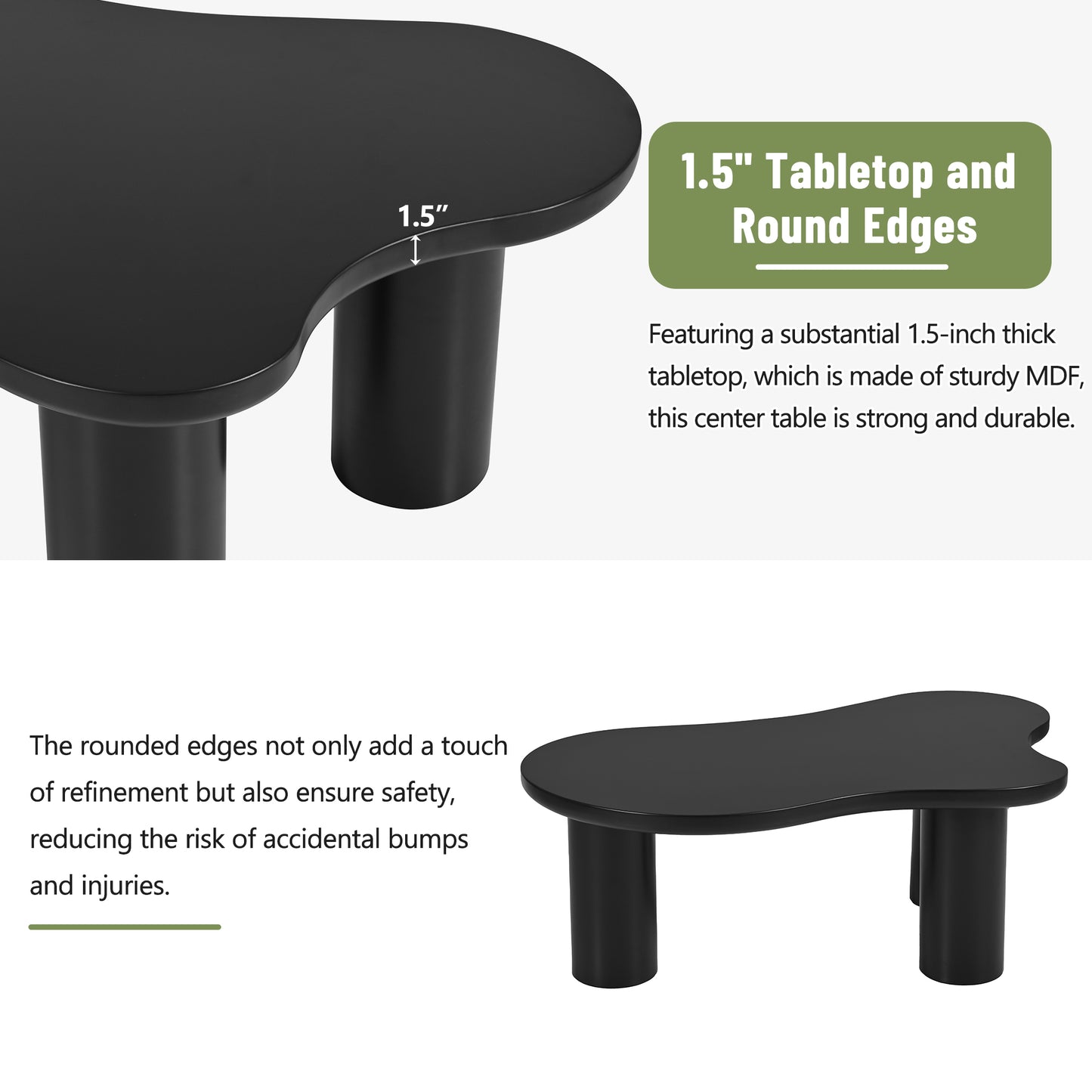 Black MDF center table with a thick rounded tabletop for safety