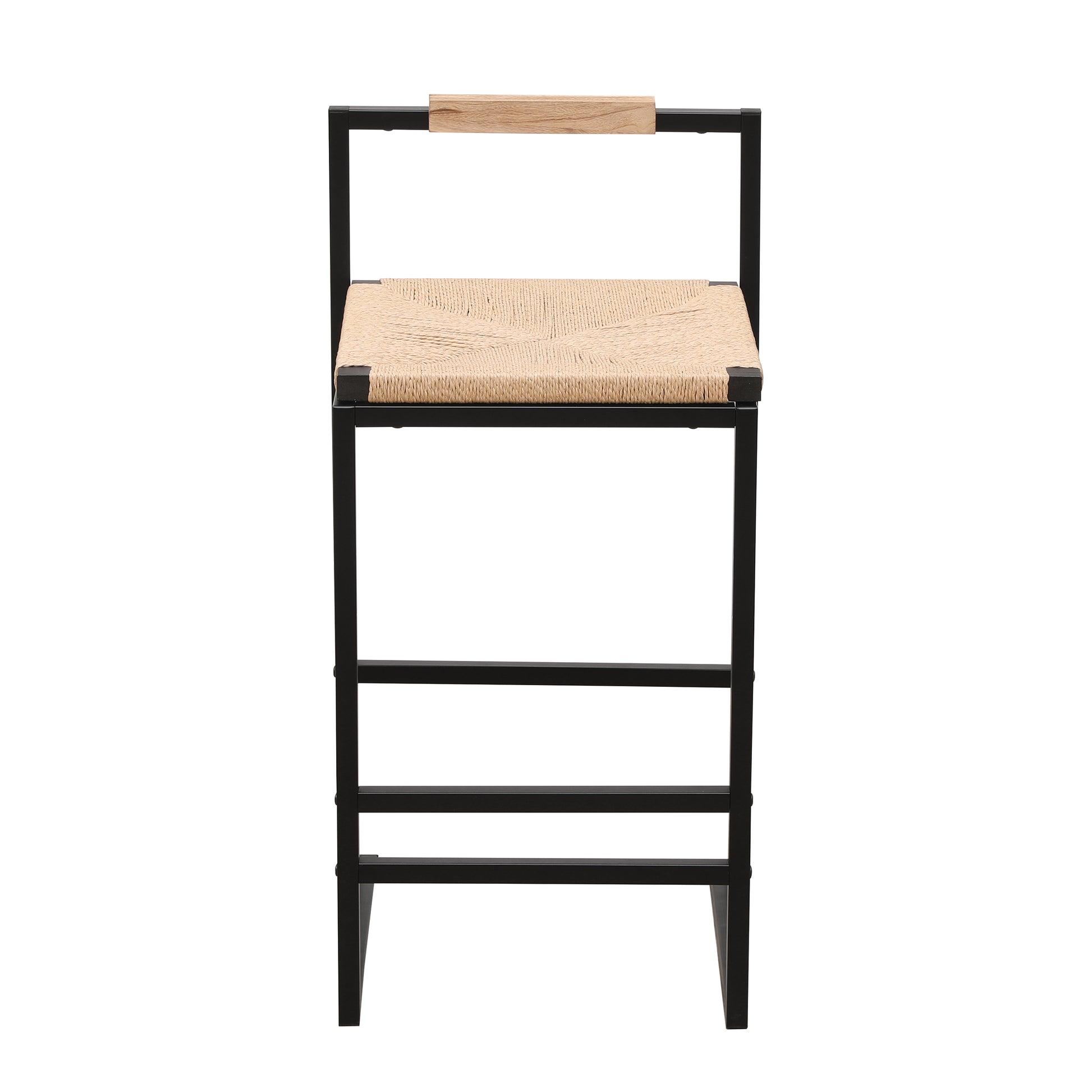 Black metal bar stool with woven natural seat and light wood accent