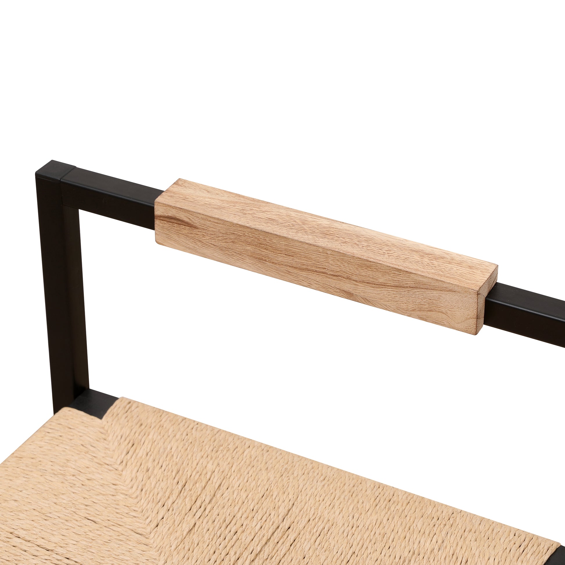 Black metal chair frame with light wood armrest and woven seagrass seat