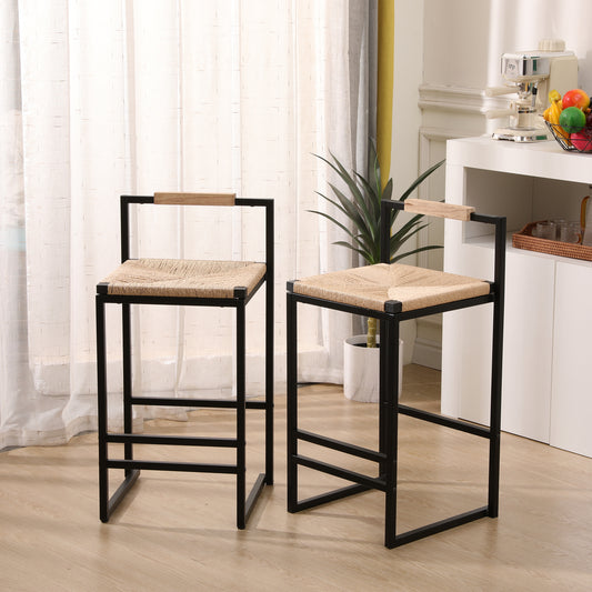 Modern black metal bar stool with natural woven seat and wooden backrest accent
