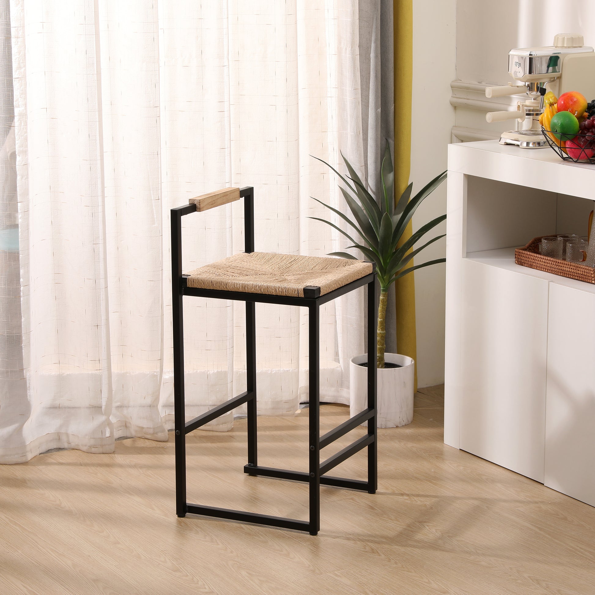 Modern black metal bar stool with natural woven seat and backrest